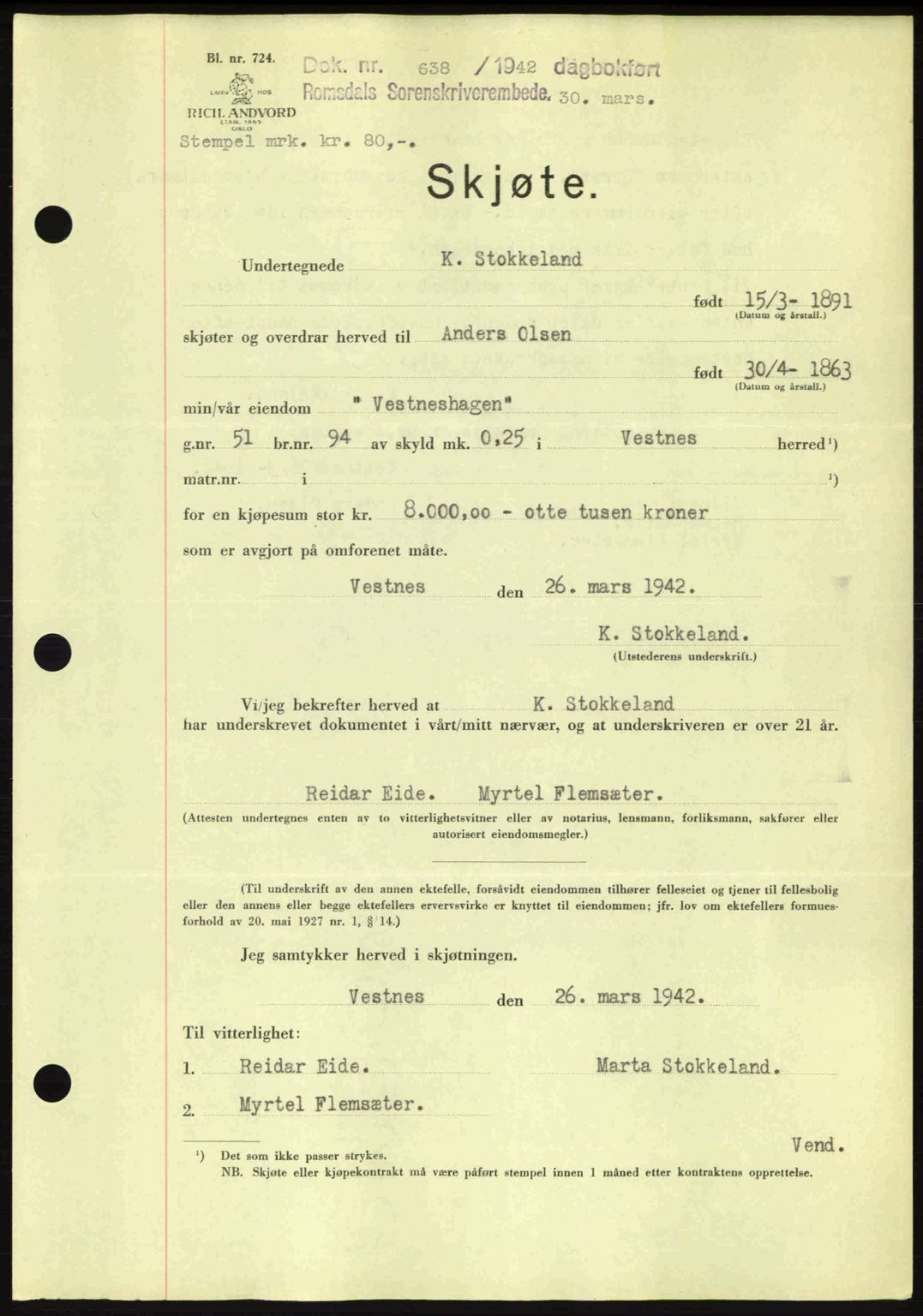 Romsdal sorenskriveri, SAT/A-4149/1/2/2C: Pantebok nr. A12, 1942-1942, Dagboknr: 638/1942