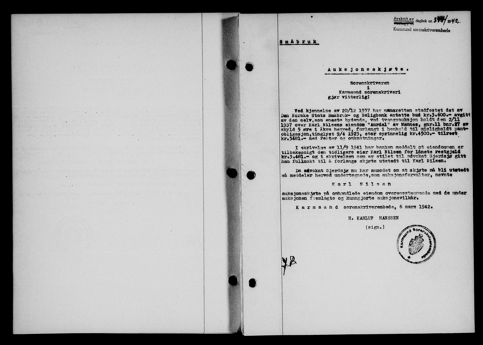 Karmsund sorenskriveri, SAST/A-100311/01/II/IIB/L0077: Pantebok nr. 58A, 1942-1942, Dagboknr: 344/1942