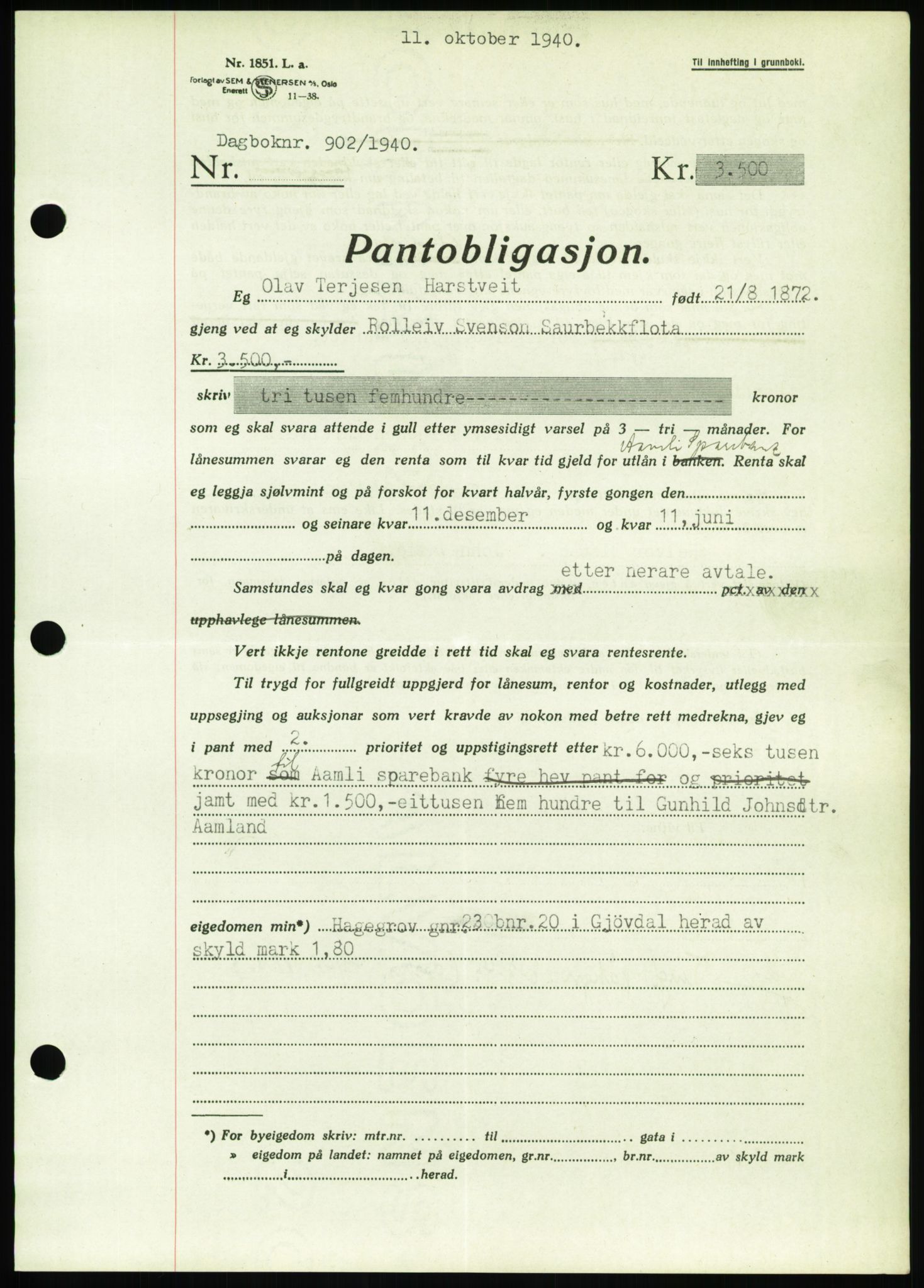 Nedenes sorenskriveri, AV/SAK-1221-0006/G/Gb/Gbb/L0001: Pantebok nr. I, 1939-1942, Dagboknr: 902/1940