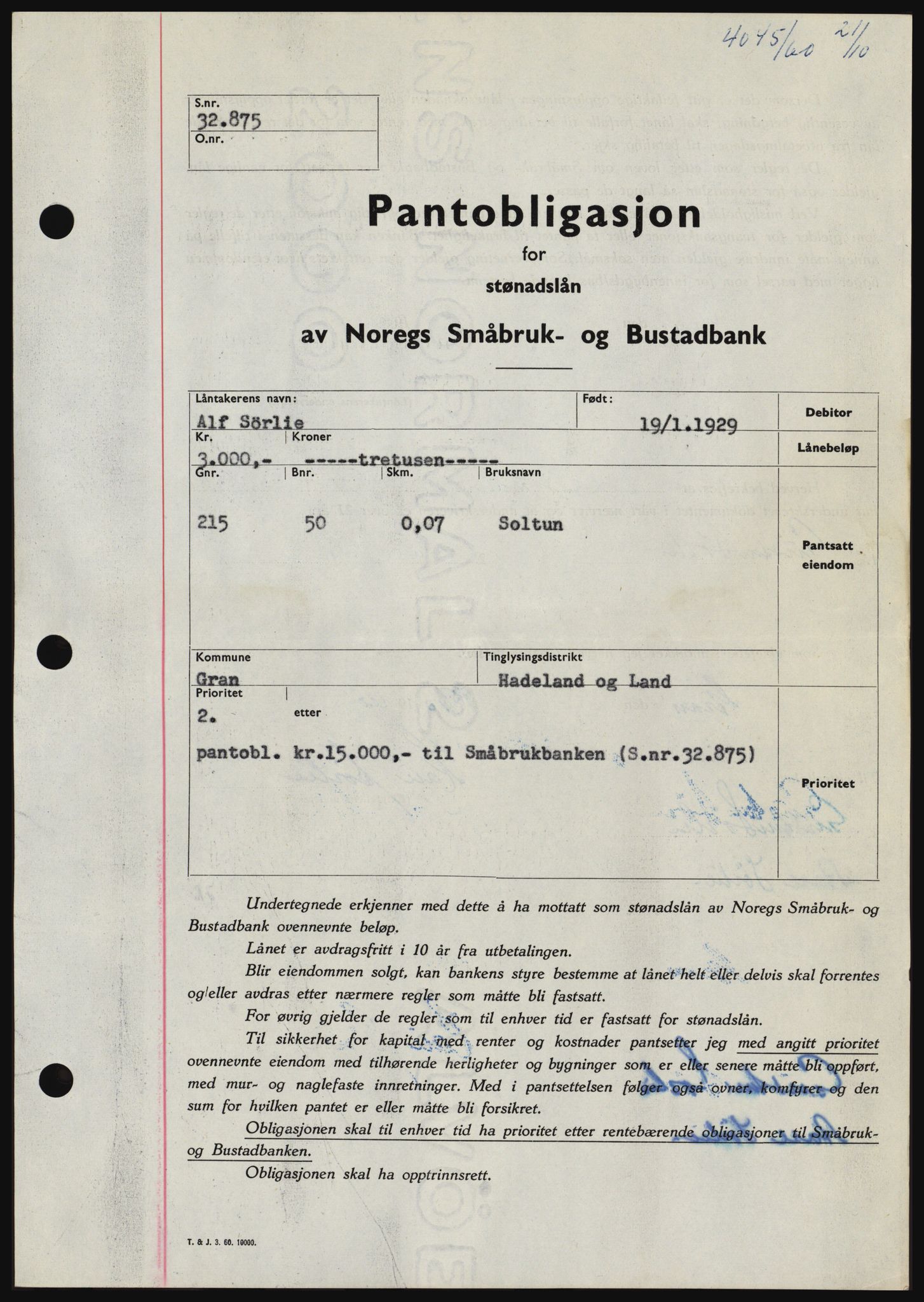 Hadeland og Land tingrett, SAH/TING-010/H/Hb/Hbc/L0044: Pantebok nr. B44, 1960-1961, Dagboknr: 4045/1960