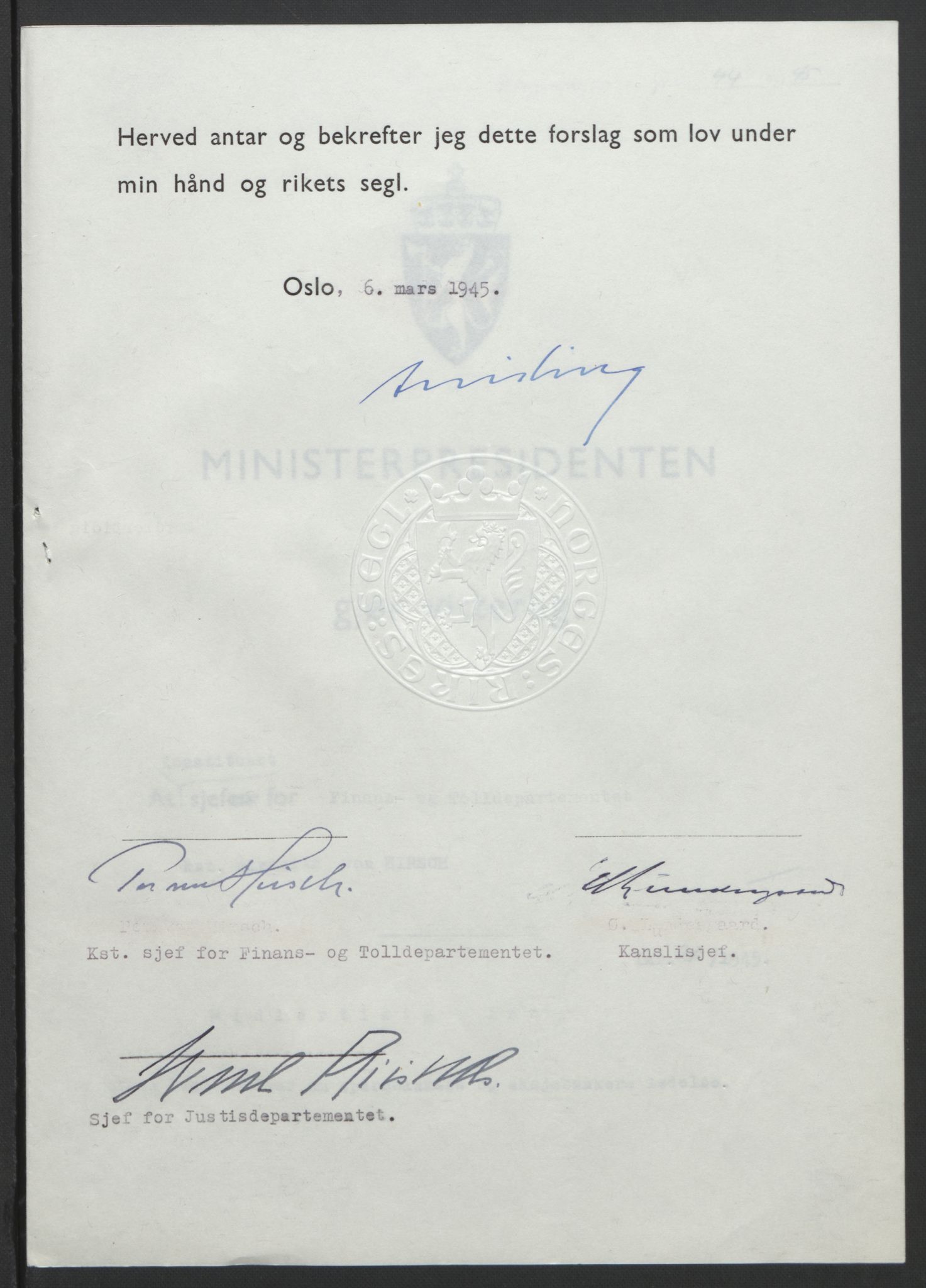NS-administrasjonen 1940-1945 (Statsrådsekretariatet, de kommisariske statsråder mm), RA/S-4279/D/Db/L0101/0001: -- / Lover og vedtak, 1945, s. 89