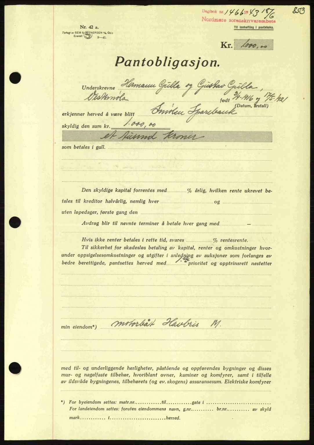 Nordmøre sorenskriveri, SAT/A-4132/1/2/2Ca: Pantebok nr. B90, 1942-1943, Dagboknr: 1466/1943