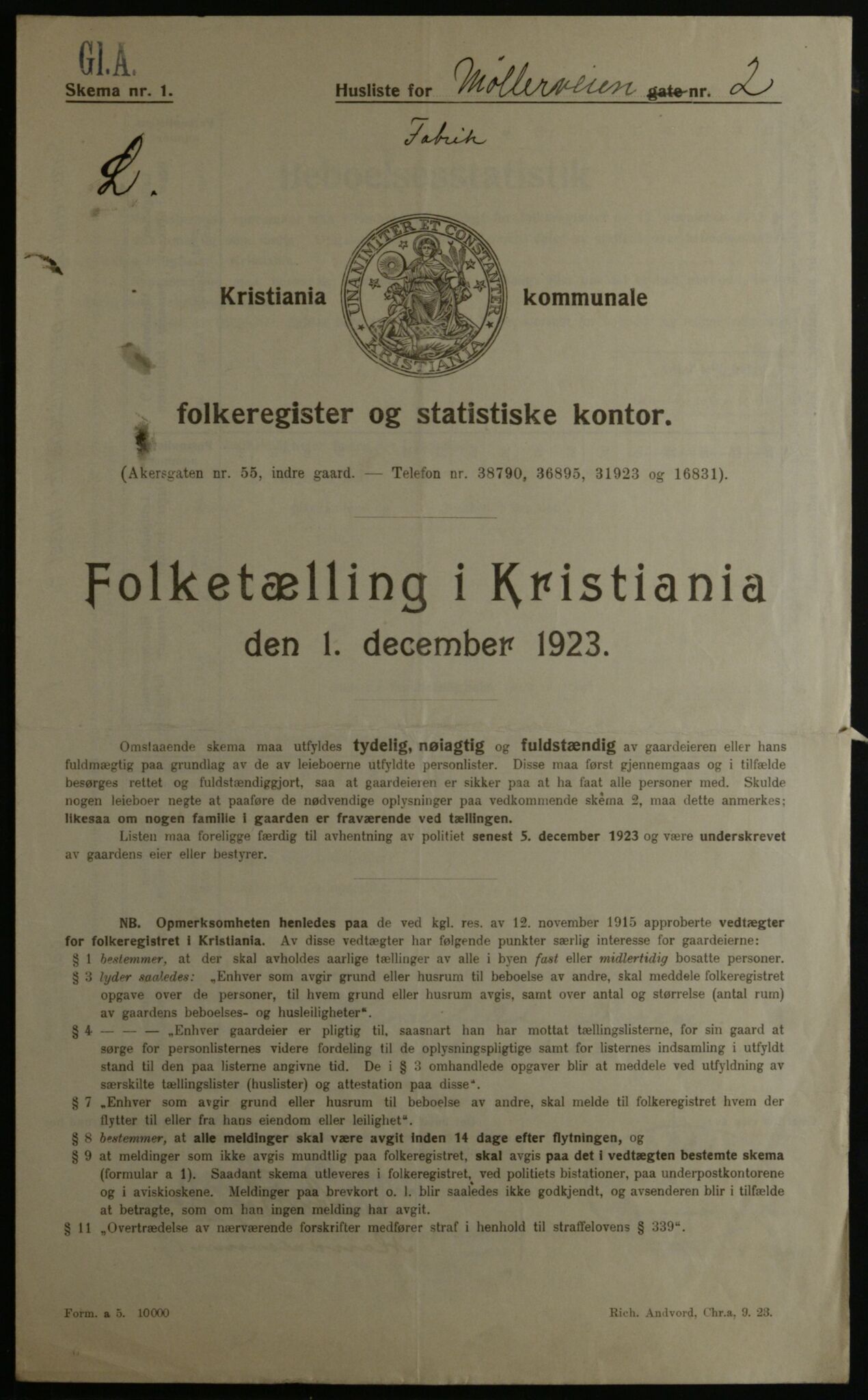 OBA, Kommunal folketelling 1.12.1923 for Kristiania, 1923, s. 76001