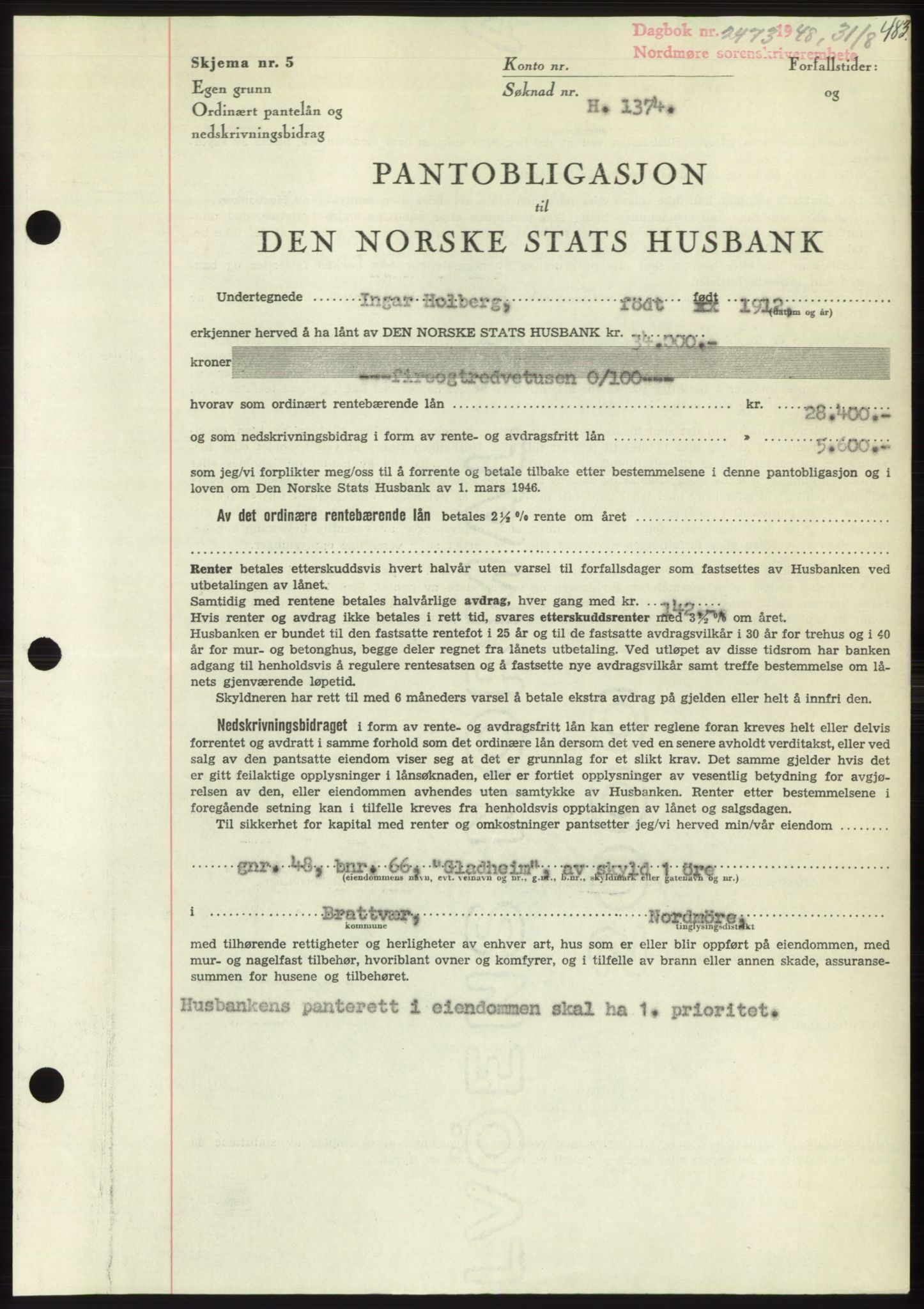 Nordmøre sorenskriveri, SAT/A-4132/1/2/2Ca: Pantebok nr. B99, 1948-1948, Dagboknr: 2473/1948