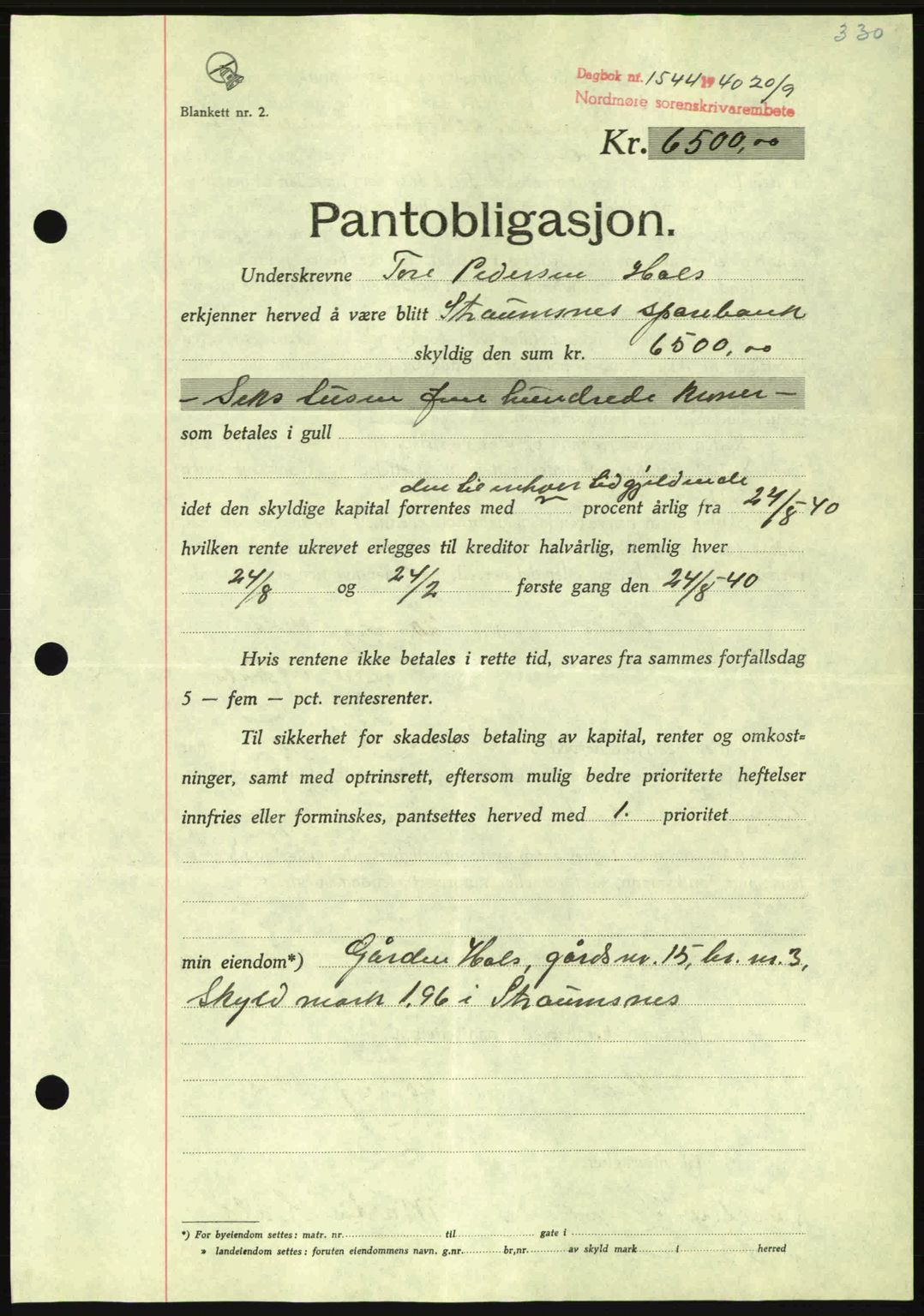 Nordmøre sorenskriveri, AV/SAT-A-4132/1/2/2Ca: Pantebok nr. B87, 1940-1941, Dagboknr: 1544/1940