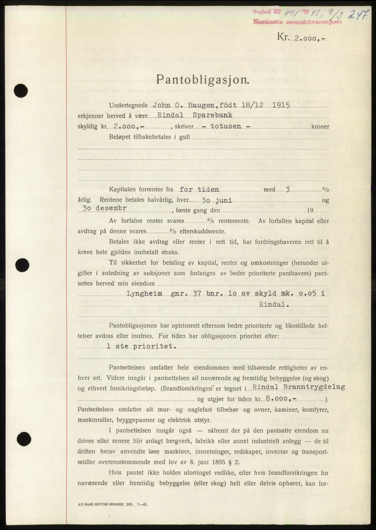 Nordmøre sorenskriveri, SAT/A-4132/1/2/2Ca: Pantebok nr. B98, 1948-1948, Dagboknr: 491/1948