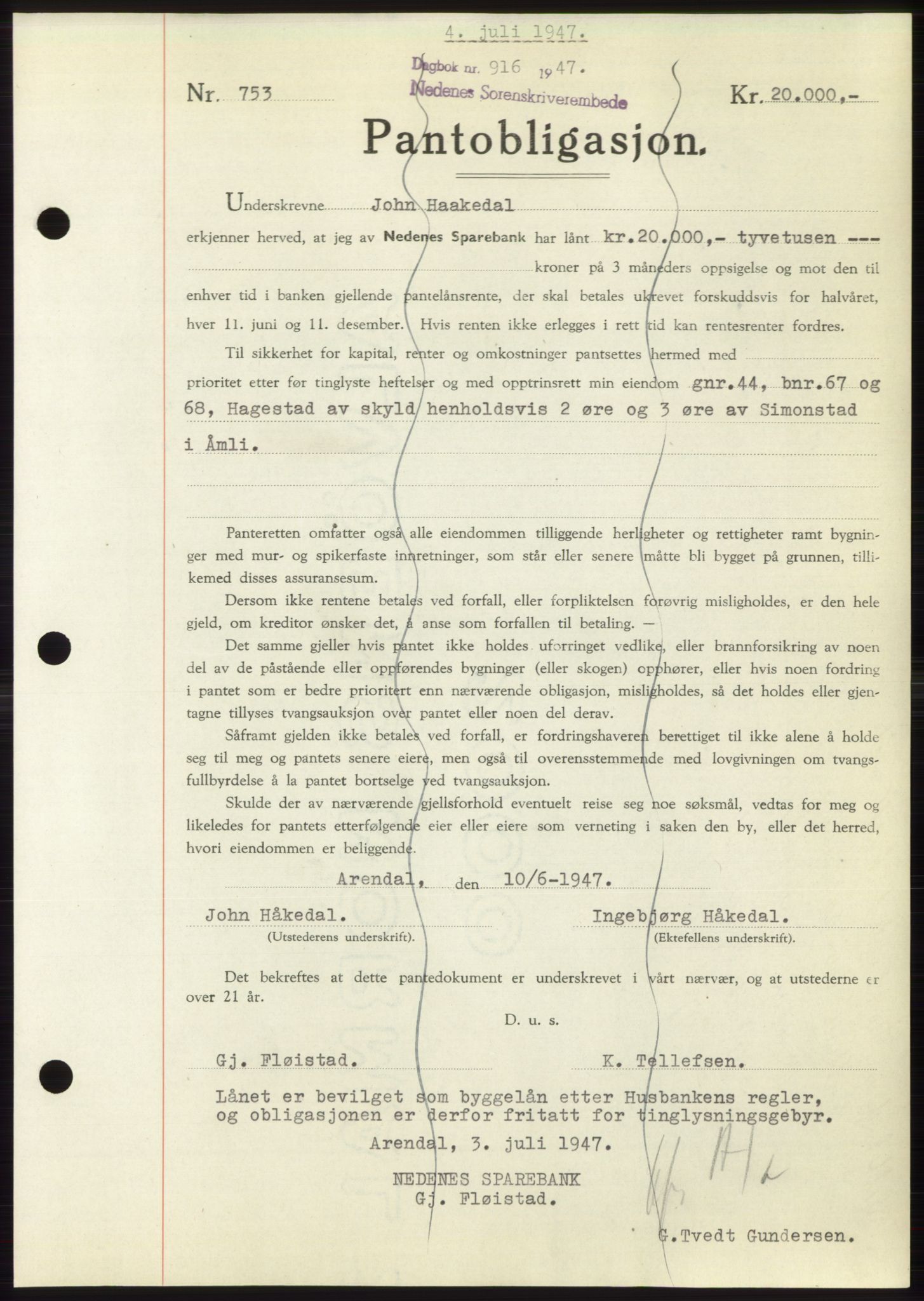 Nedenes sorenskriveri, SAK/1221-0006/G/Gb/Gbb/L0004: Pantebok nr. B4, 1947-1947, Dagboknr: 916/1947