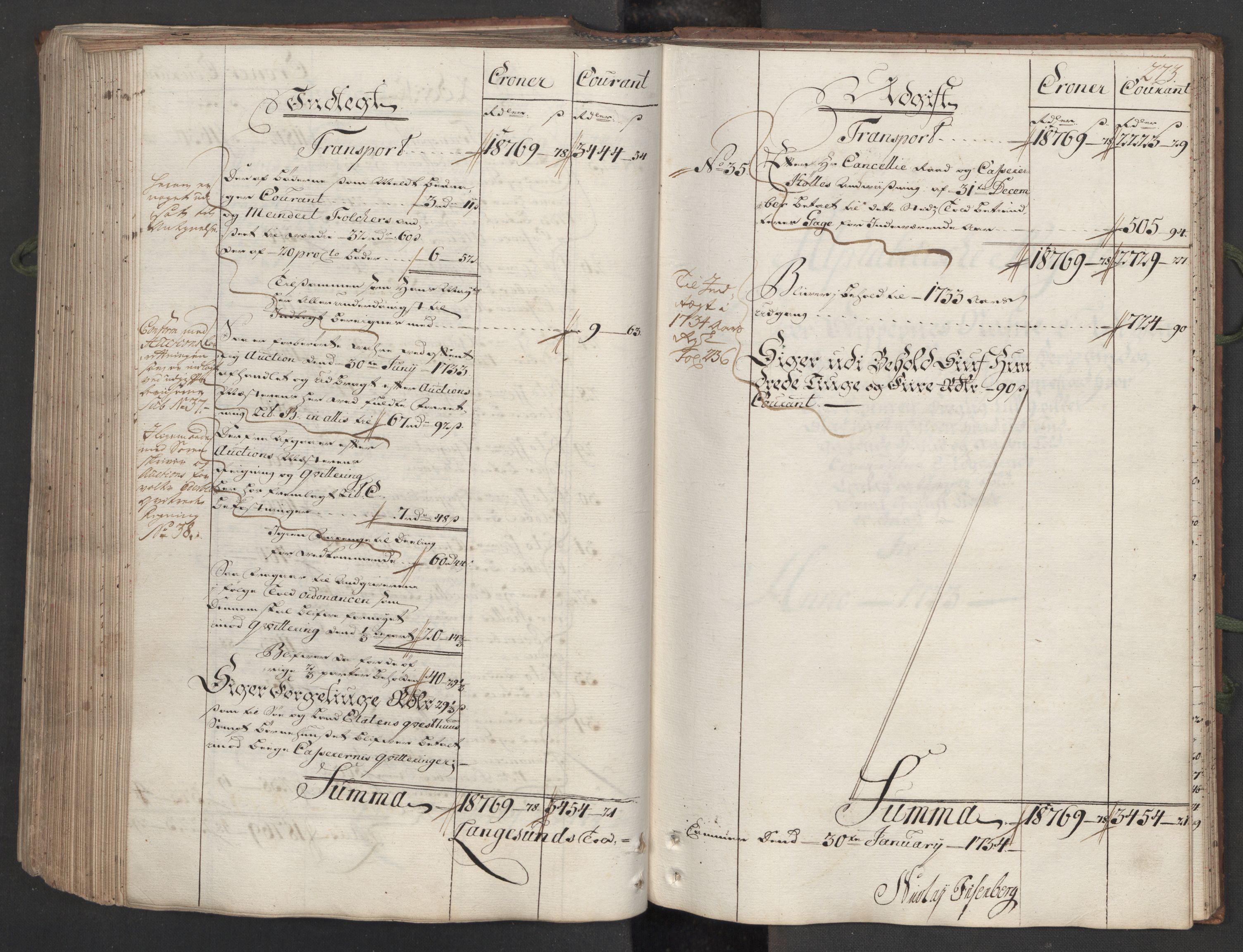 Generaltollkammeret, tollregnskaper, AV/RA-EA-5490/R12/L0009/0001: Tollregnskaper Langesund / Hovedtollbok, 1733, s. 272b-273a