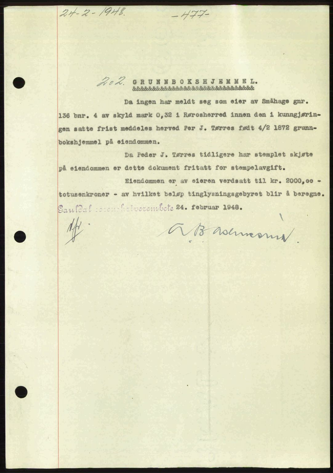 Gauldal sorenskriveri, SAT/A-0014/1/2/2C: Pantebok nr. A5, 1947-1948, Dagboknr: 202/1948