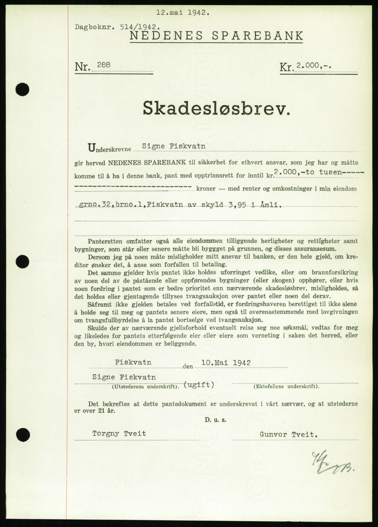 Nedenes sorenskriveri, SAK/1221-0006/G/Gb/Gbb/L0002: Pantebok nr. II, 1942-1945, Dagboknr: 514/1942