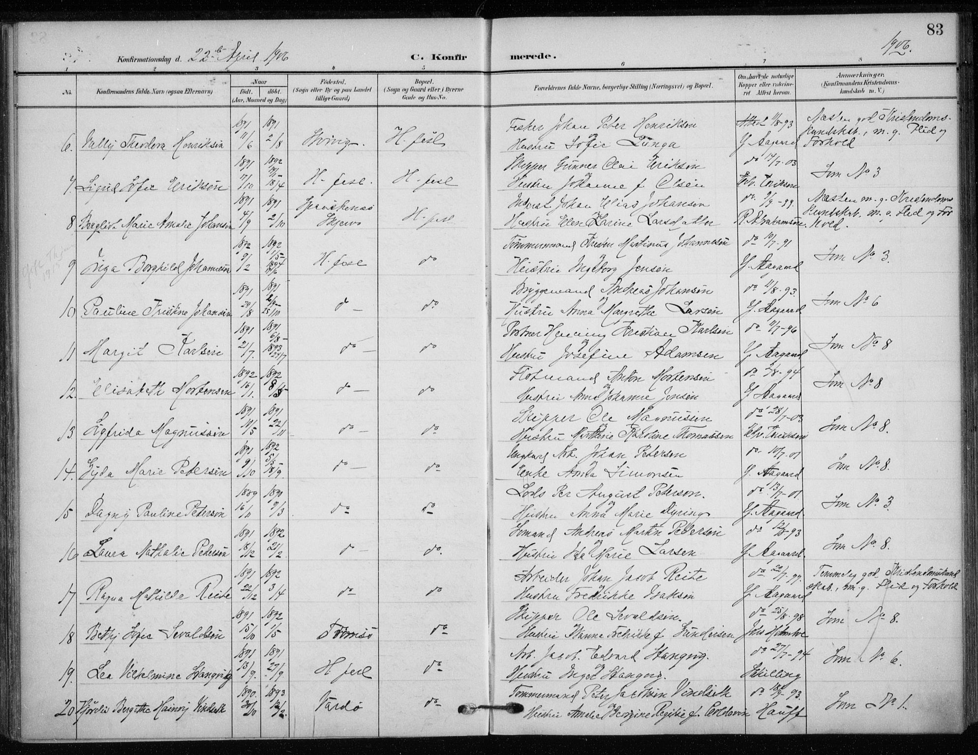 Hammerfest sokneprestkontor, AV/SATØ-S-1347/H/Ha/L0014.kirke: Ministerialbok nr. 14, 1906-1916, s. 83