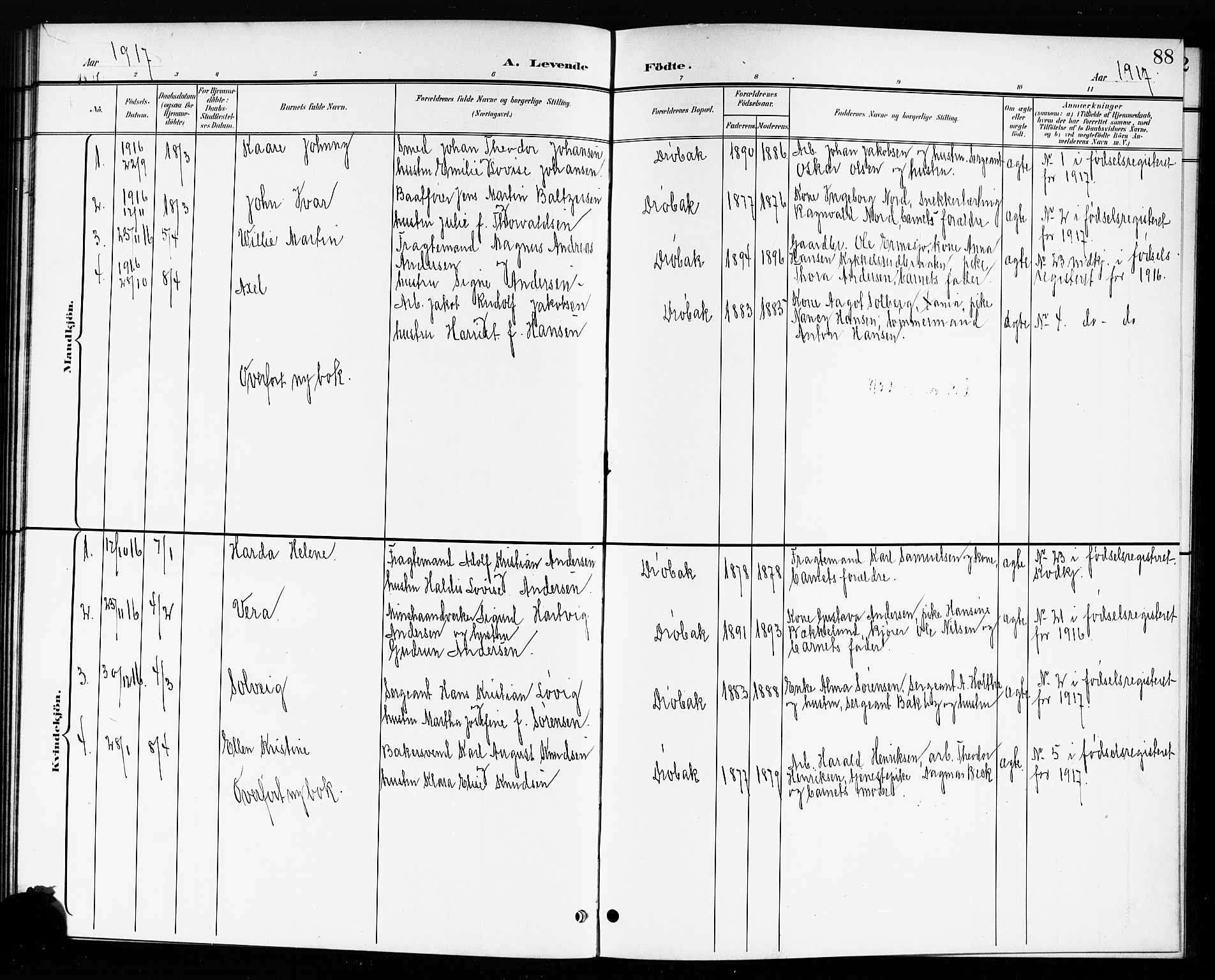 Drøbak prestekontor Kirkebøker, SAO/A-10142a/G/Ga/L0001: Klokkerbok nr. I 1, 1897-1917, s. 88