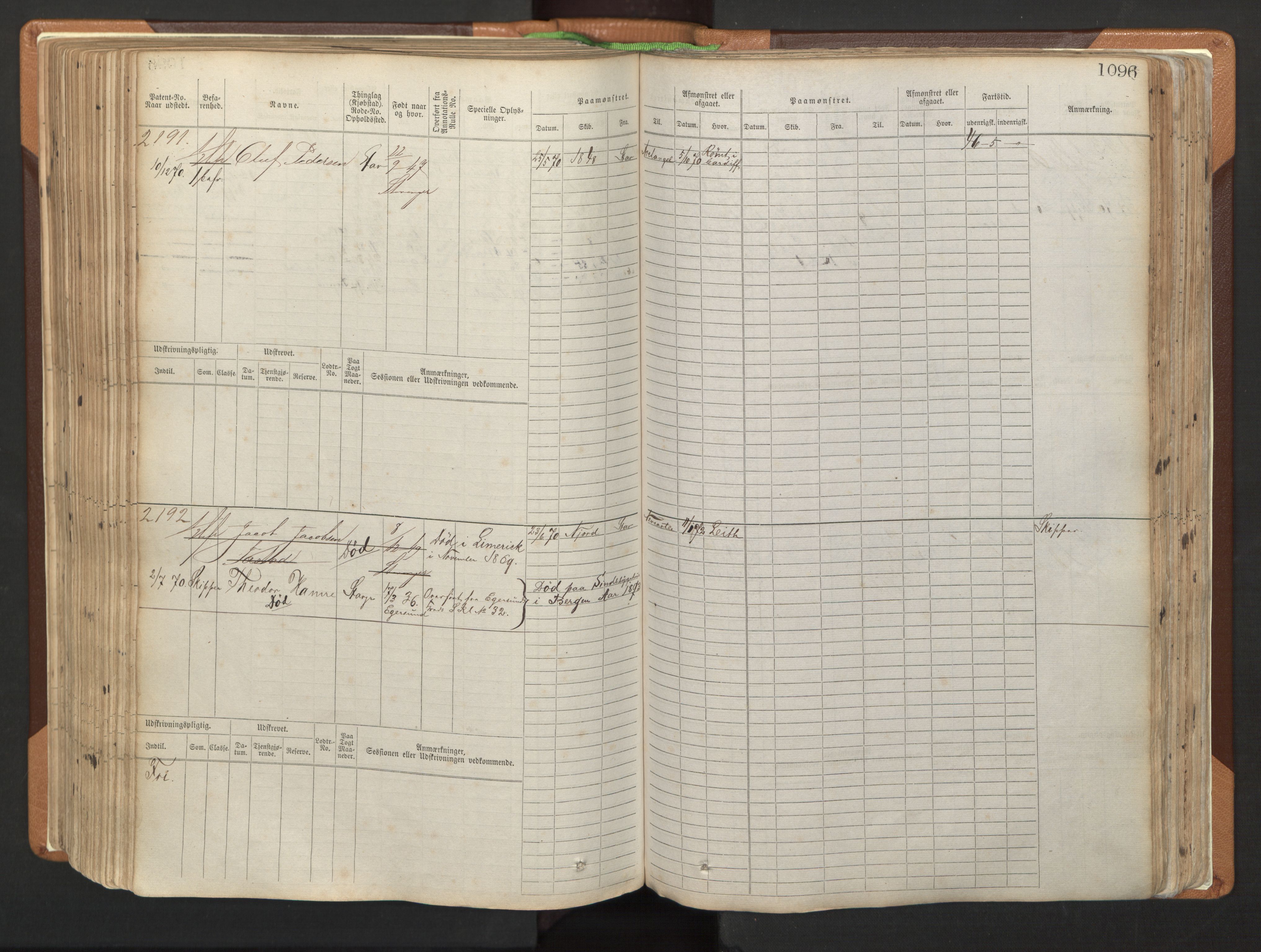 Stavanger sjømannskontor, AV/SAST-A-102006/F/Fb/Fbb/L0006: Sjøfartshovedrulle, patentnr. 1607-2402 (del 3), 1869-1880, s. 296