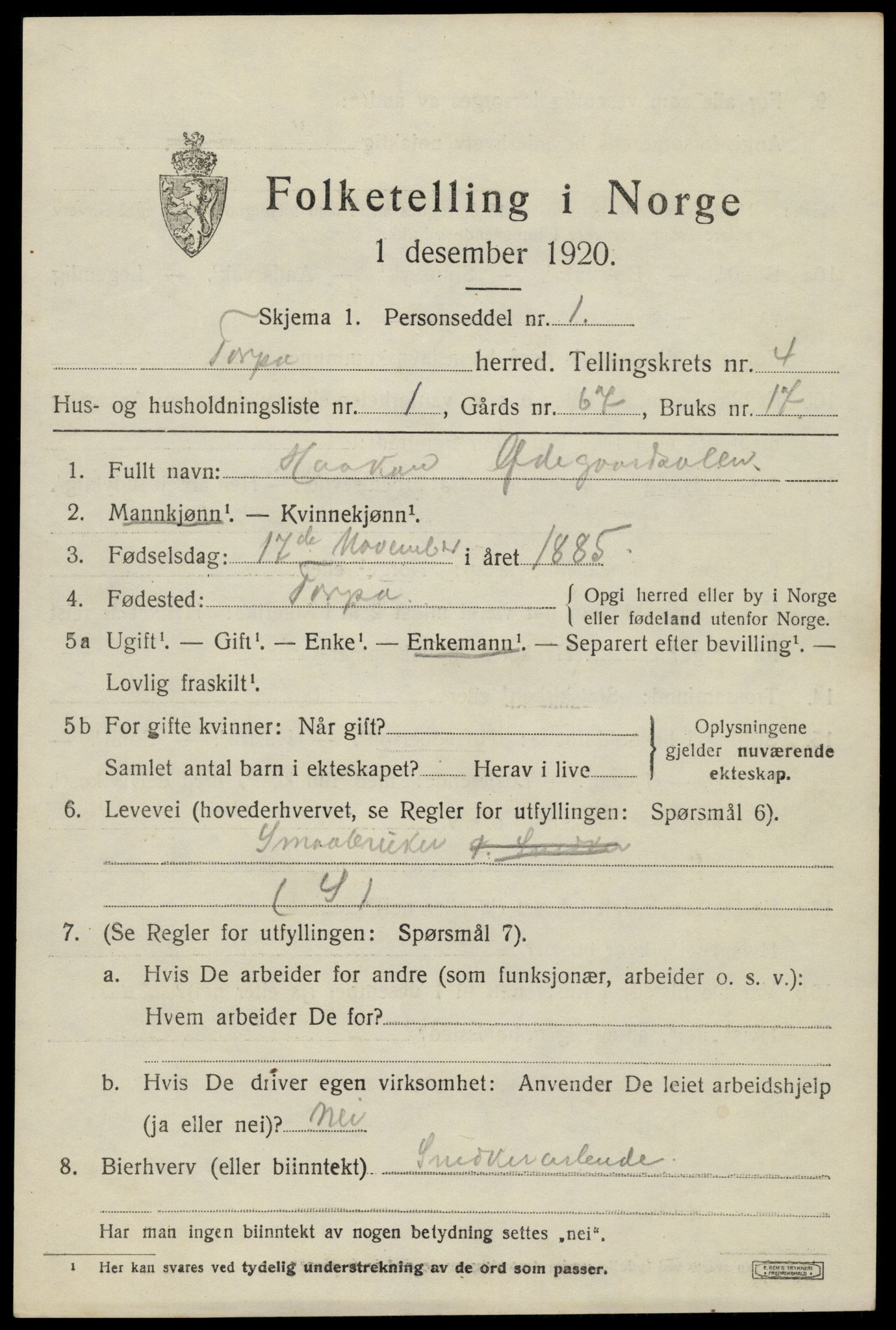 SAH, Folketelling 1920 for 0539 Torpa herred, 1920, s. 2963