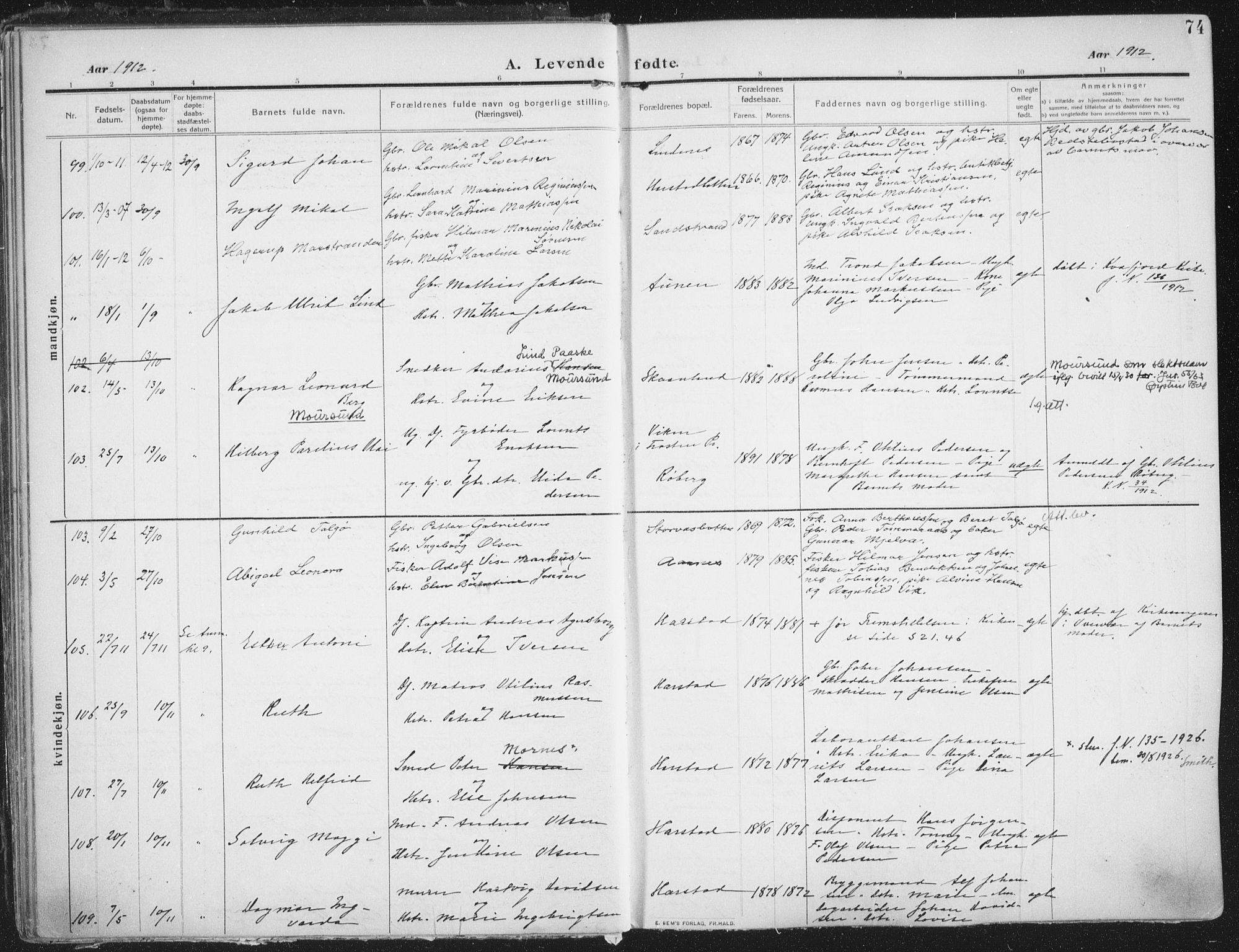 Trondenes sokneprestkontor, AV/SATØ-S-1319/H/Ha/L0018kirke: Ministerialbok nr. 18, 1909-1918, s. 74