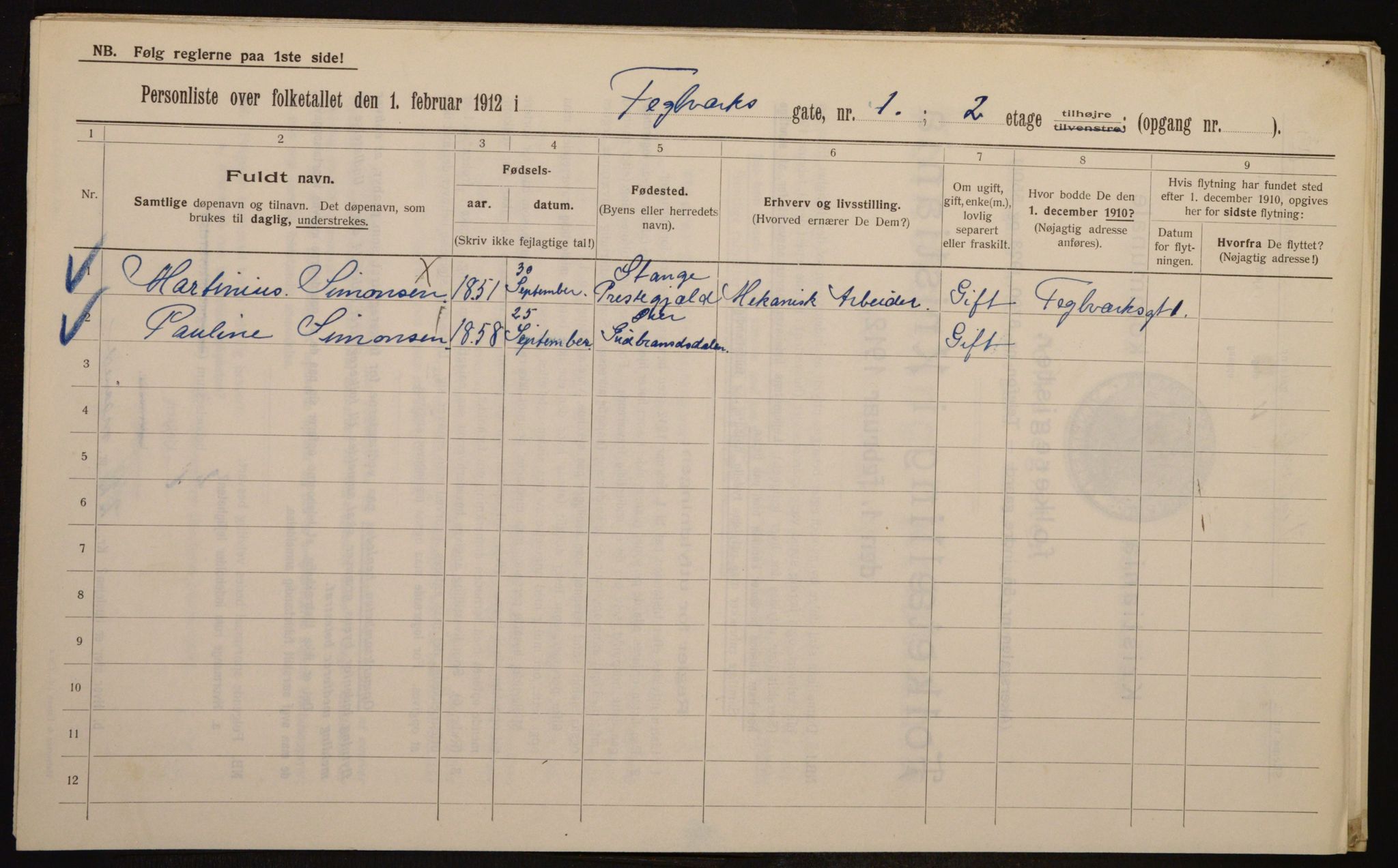 OBA, Kommunal folketelling 1.2.1912 for Kristiania, 1912, s. 107406