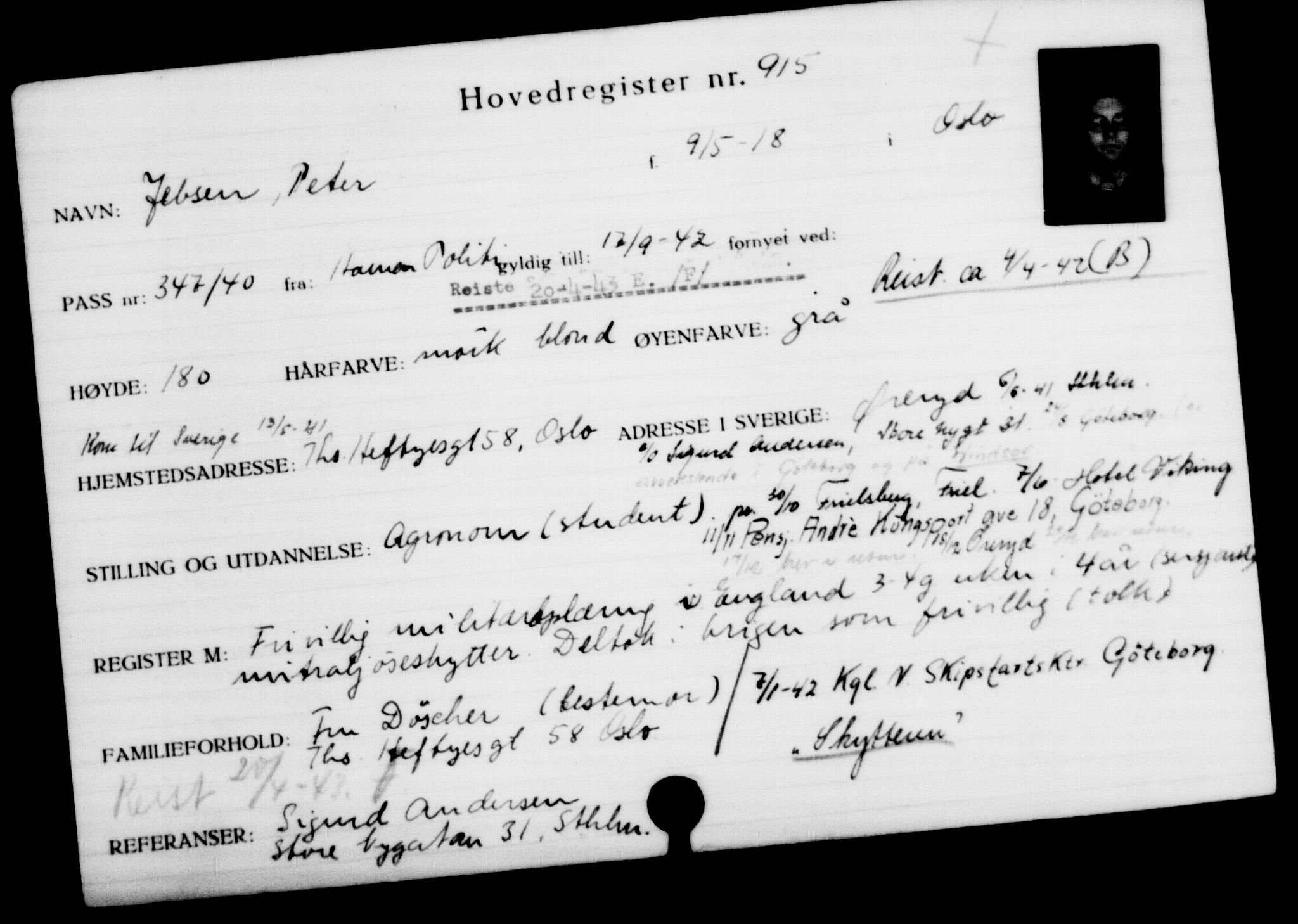 Utenriksstasjonene, Legasjonen i Stockholm, Flyktningkontoret, AV/RA-S-6753/V/Va/L0001: Kjesäterkartoteket, flyktninger med registreringsnr. 1-1000, 1940-1945, s. 1440