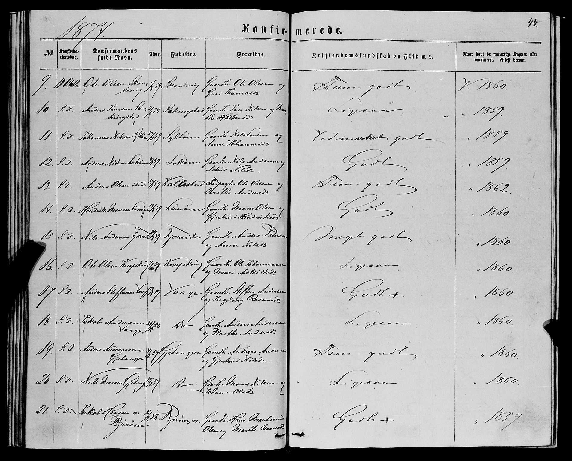 Fjell sokneprestembete, AV/SAB-A-75301/H/Haa: Ministerialbok nr. A 5, 1864-1877, s. 44