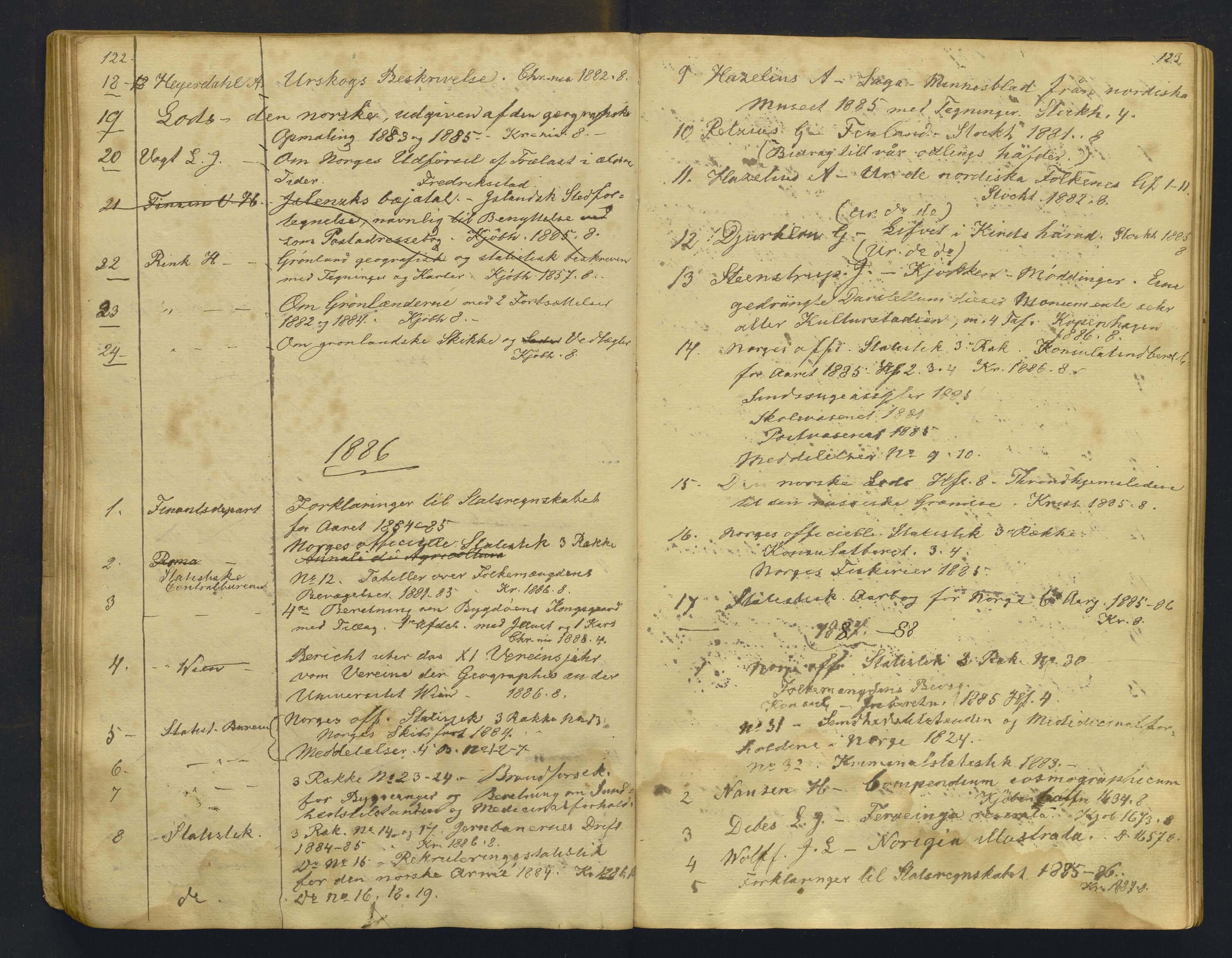 Bergens Museum, AV/SAB-A-17301/05/G/Gb/L0001: Tilleggskatalog ved Historisk-Antikvarisk avdeling, 1883-1888, s. 122-123