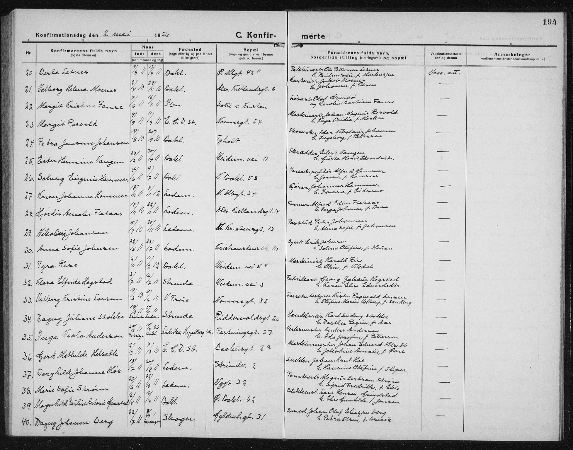 Ministerialprotokoller, klokkerbøker og fødselsregistre - Sør-Trøndelag, AV/SAT-A-1456/604/L0227: Klokkerbok nr. 604C10, 1923-1942, s. 194