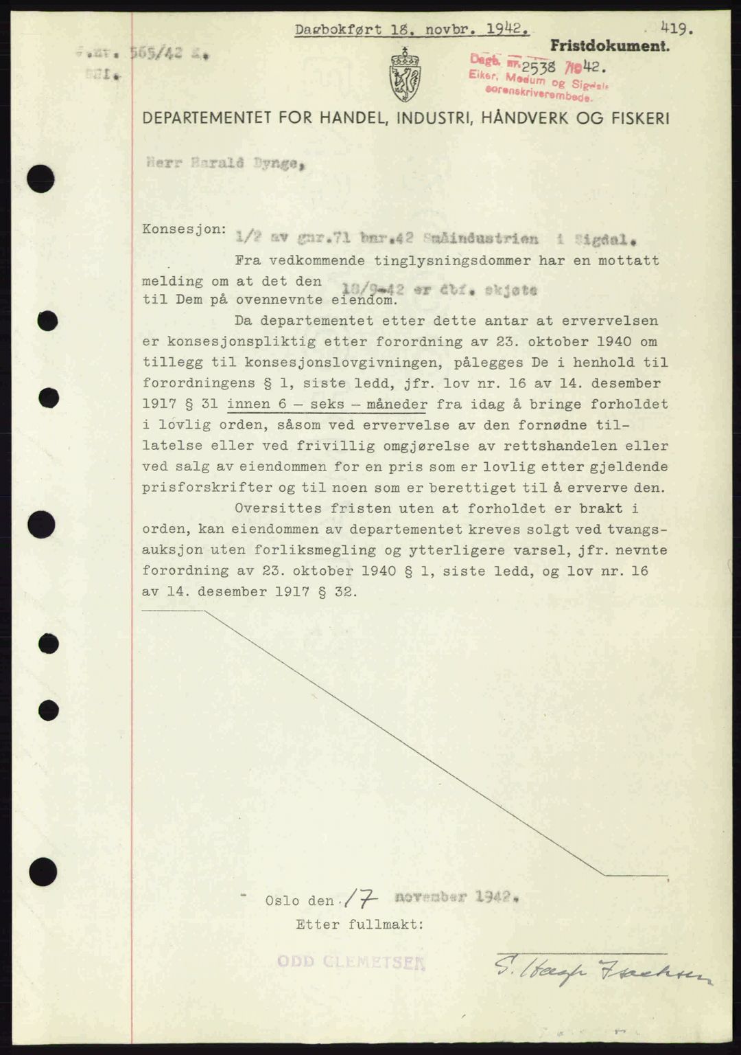 Eiker, Modum og Sigdal sorenskriveri, SAKO/A-123/G/Ga/Gab/L0047: Pantebok nr. A17, 1942-1943, Dagboknr: 2538/1942