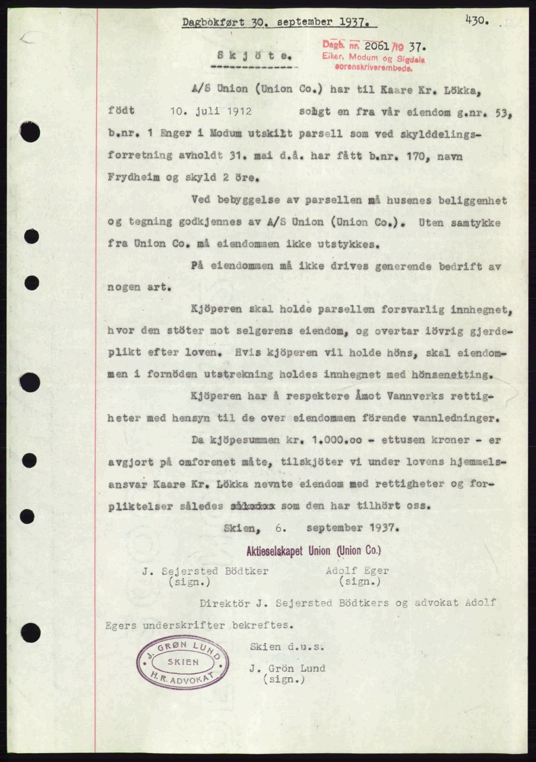 Eiker, Modum og Sigdal sorenskriveri, SAKO/A-123/G/Ga/Gab/L0036: Pantebok nr. A6, 1937-1937, Dagboknr: 2061/1937