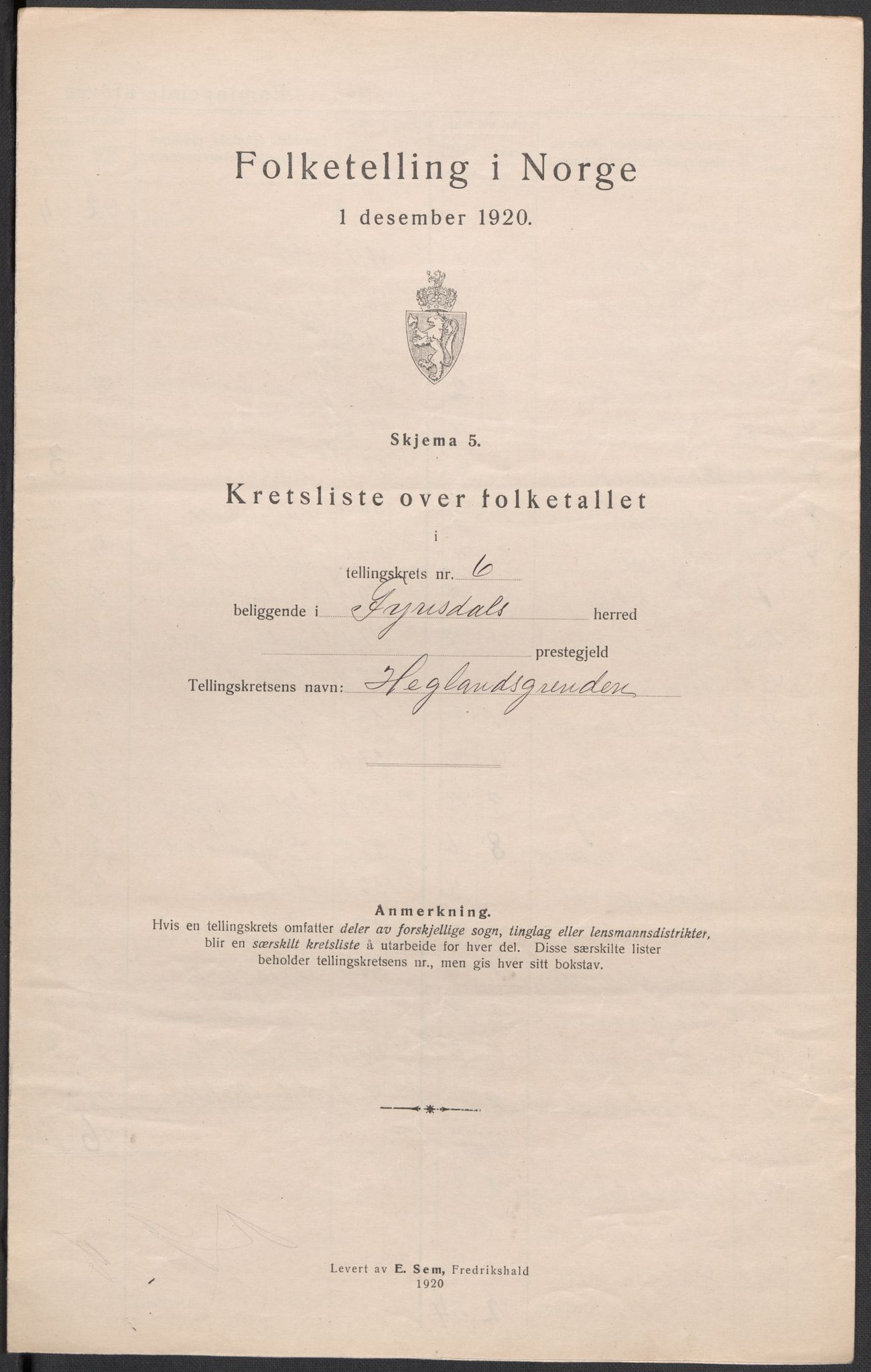 SAKO, Folketelling 1920 for 0831 Fyresdal herred, 1920, s. 20