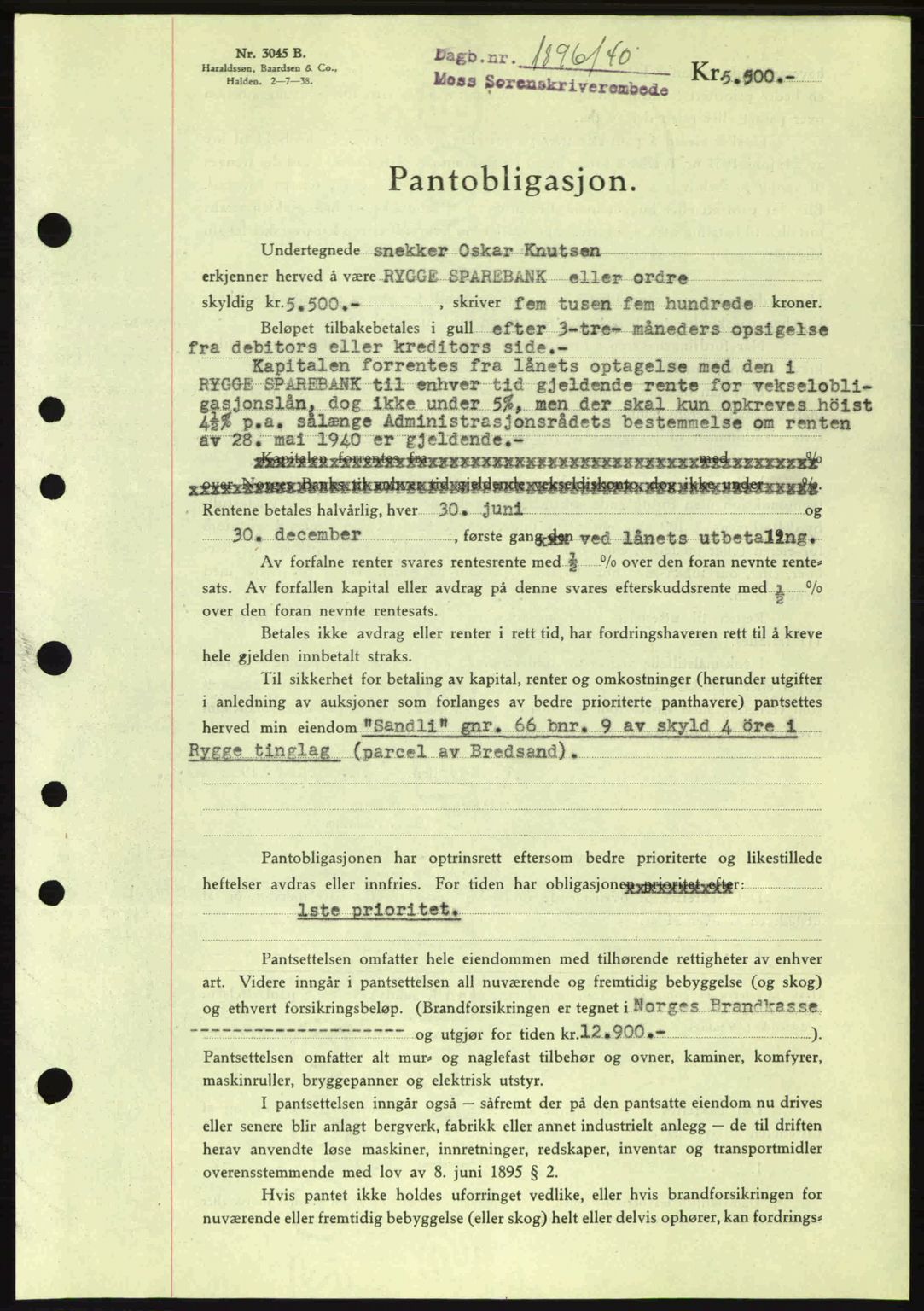 Moss sorenskriveri, SAO/A-10168: Pantebok nr. B10, 1940-1941, Dagboknr: 1896/1940