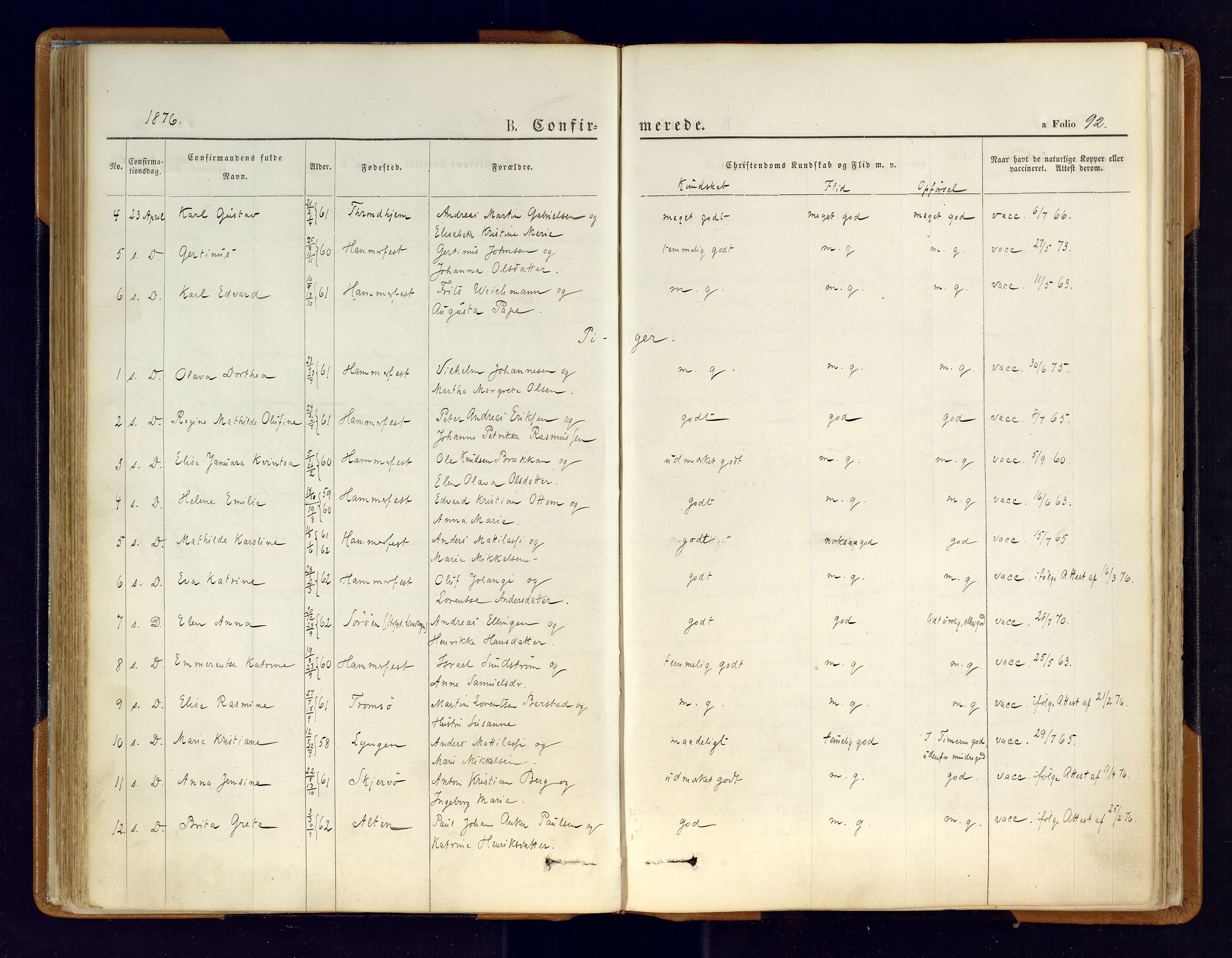 Hammerfest sokneprestkontor, AV/SATØ-S-1347/H/Ha/L0006.kirke: Ministerialbok nr. 6, 1869-1877, s. 92