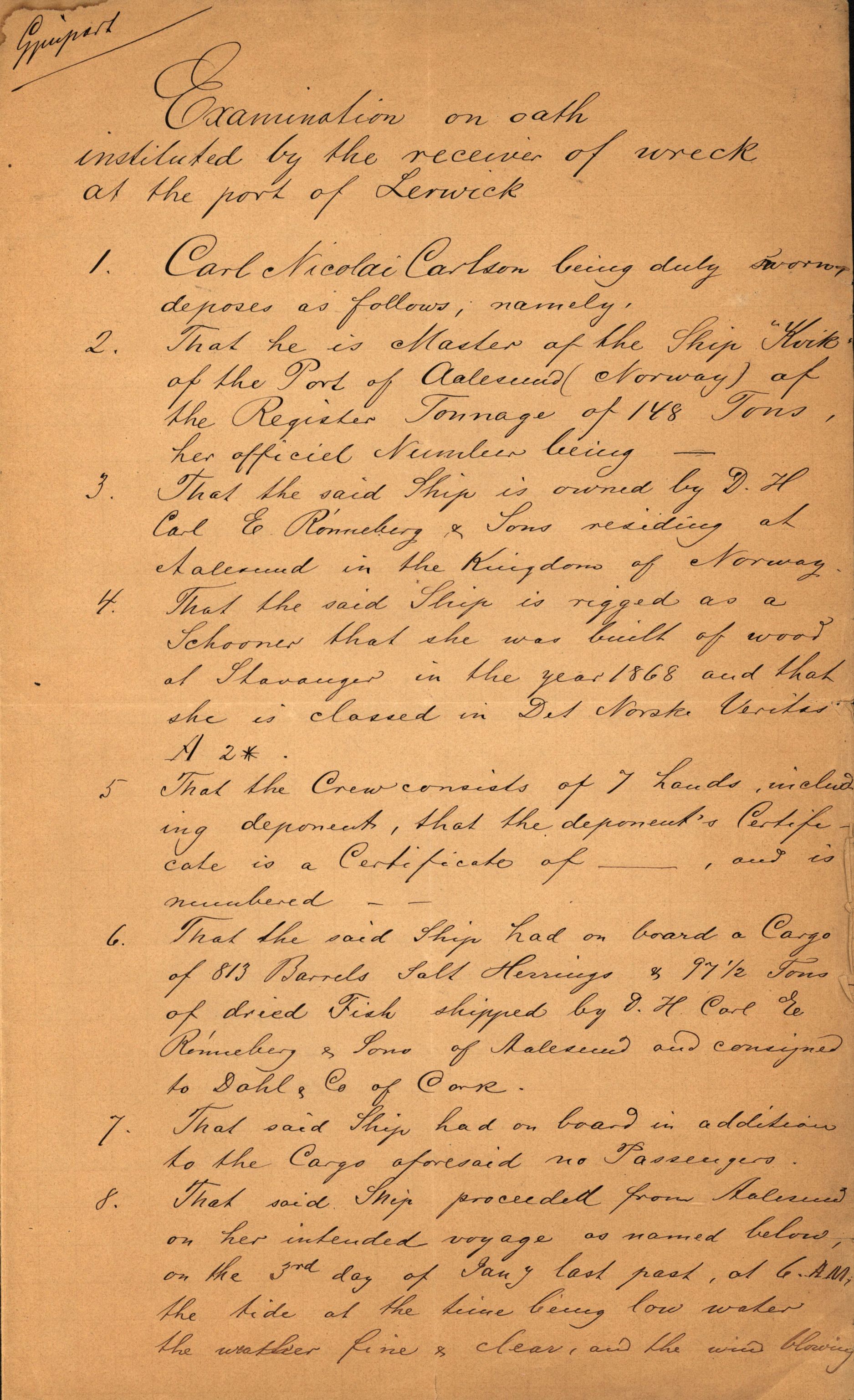 Pa 63 - Østlandske skibsassuranceforening, VEMU/A-1079/G/Ga/L0017/0009: Havaridokumenter / Agnese, Agnes, Adelphia, Kvik, Varnæs, 1884, s. 71