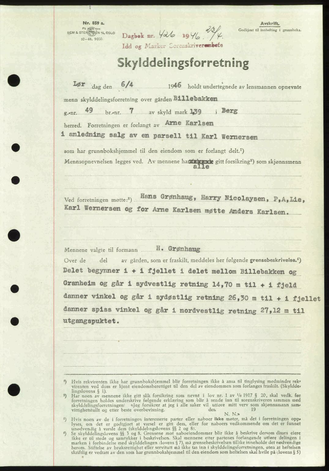 Idd og Marker sorenskriveri, SAO/A-10283/G/Gb/Gbb/L0008: Pantebok nr. A8, 1946-1946, Dagboknr: 426/1946