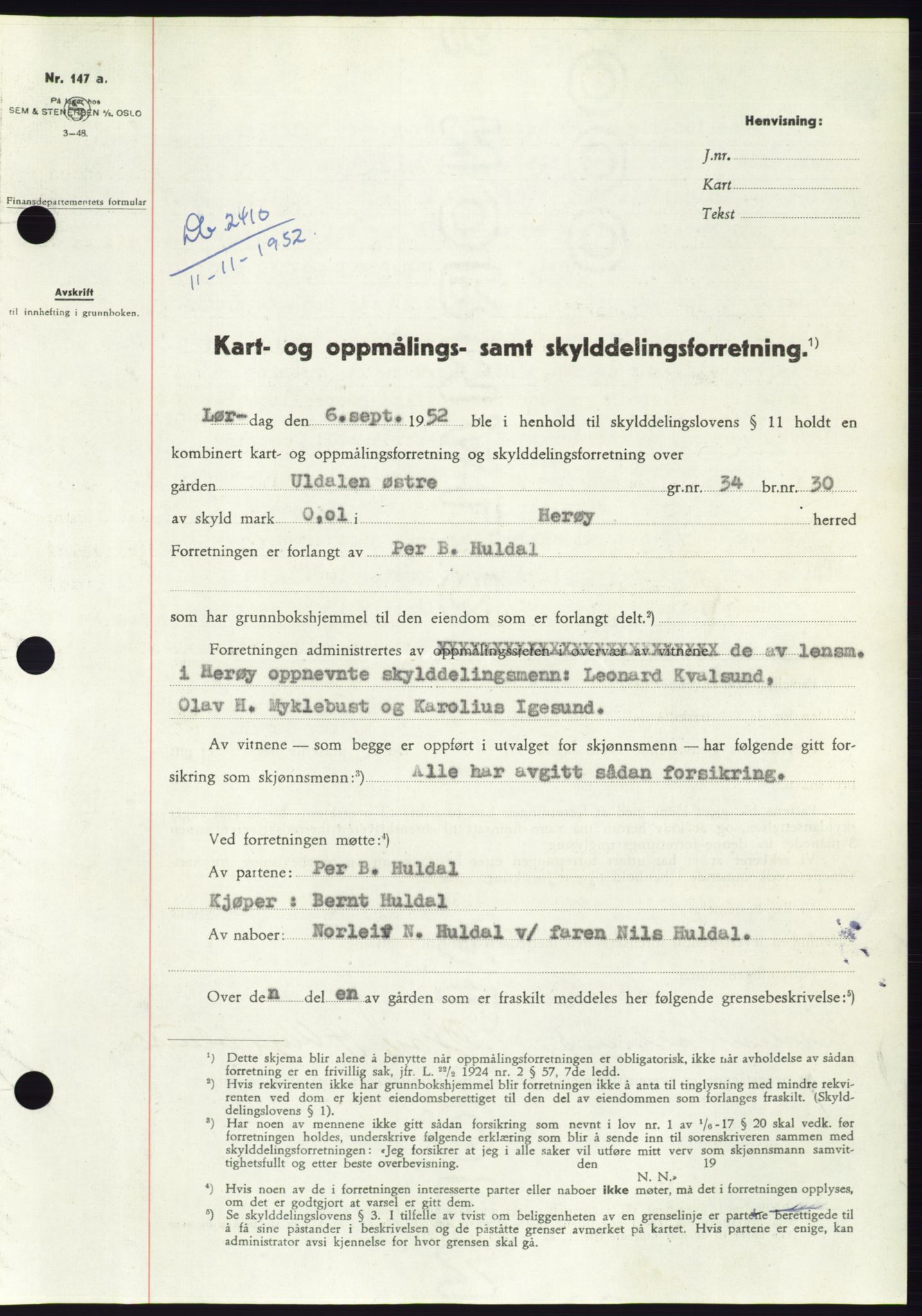 Søre Sunnmøre sorenskriveri, SAT/A-4122/1/2/2C/L0093: Pantebok nr. 19A, 1952-1953, Dagboknr: 2410/1952