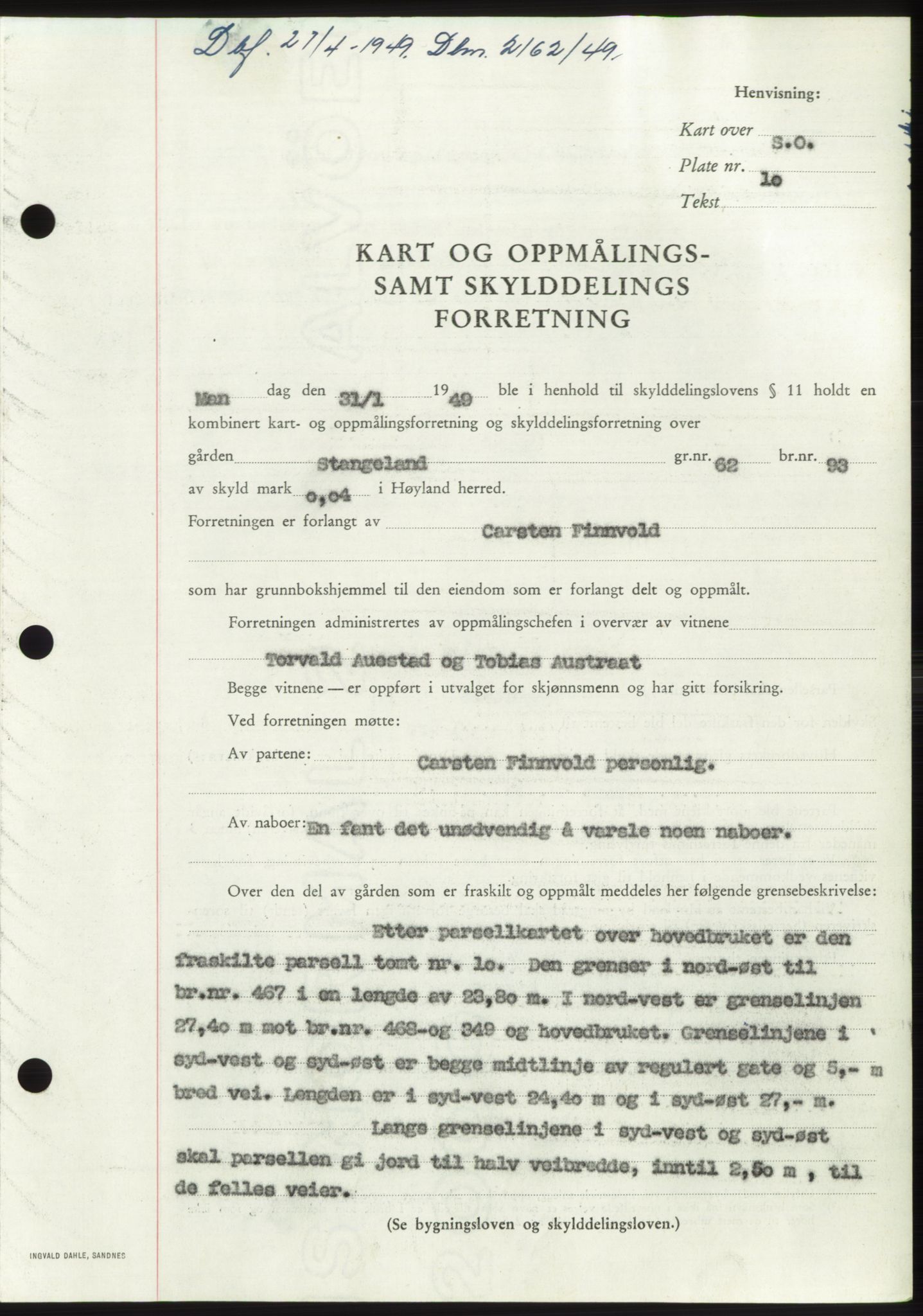 Jæren sorenskriveri, SAST/A-100310/03/G/Gba/L0102: Pantebok, 1949-1949, Dagboknr: 2162/1949
