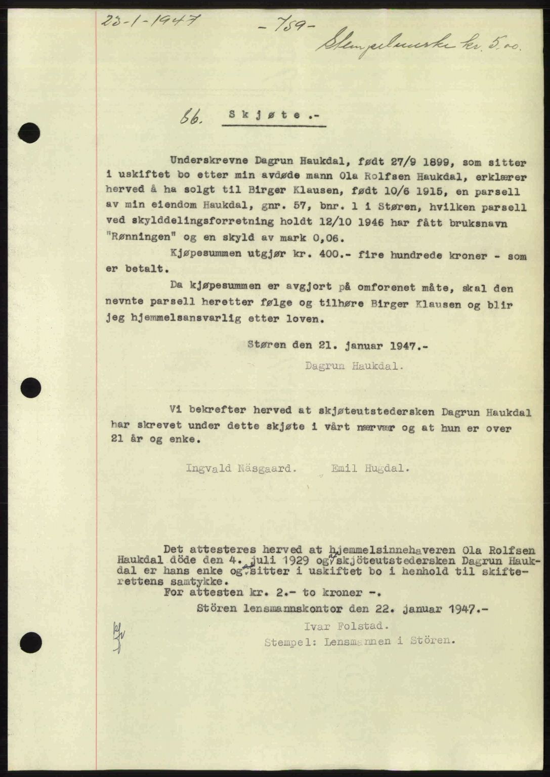 Gauldal sorenskriveri, SAT/A-0014/1/2/2C: Pantebok nr. A3, 1947-1947, Dagboknr: 86/1947