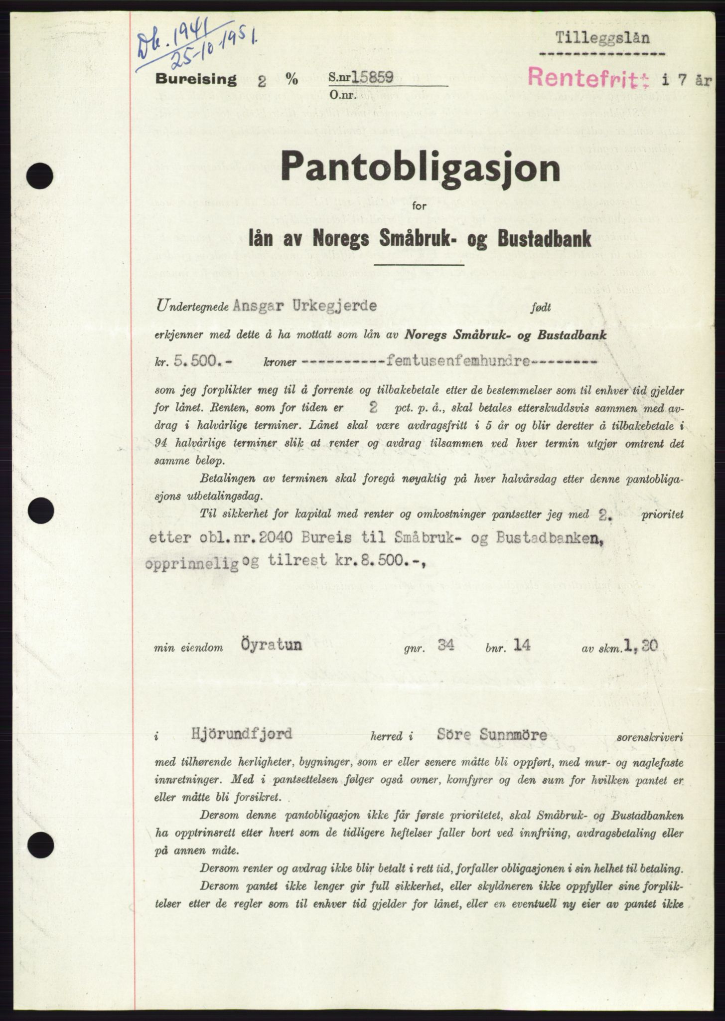 Søre Sunnmøre sorenskriveri, SAT/A-4122/1/2/2C/L0120: Pantebok nr. 8B, 1951-1951, Dagboknr: 1941/1951