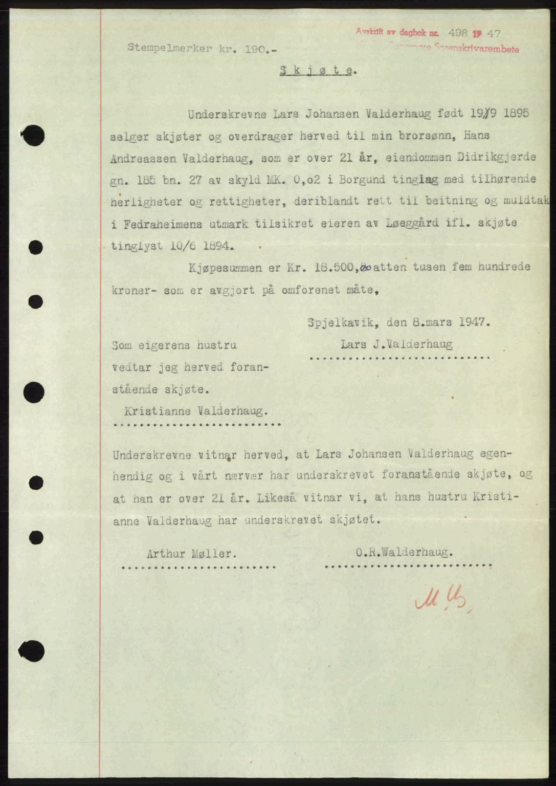 Nordre Sunnmøre sorenskriveri, SAT/A-0006/1/2/2C/2Ca: Pantebok nr. A24, 1947-1947, Dagboknr: 498/1947