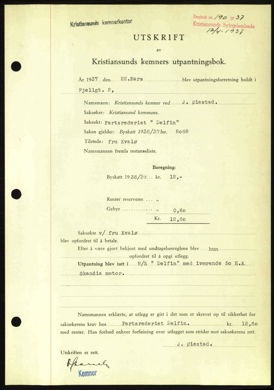 Kristiansund byfogd, SAT/A-4587/A/27: Pantebok nr. 29, 1936-1937, Dagboknr: 190/1937