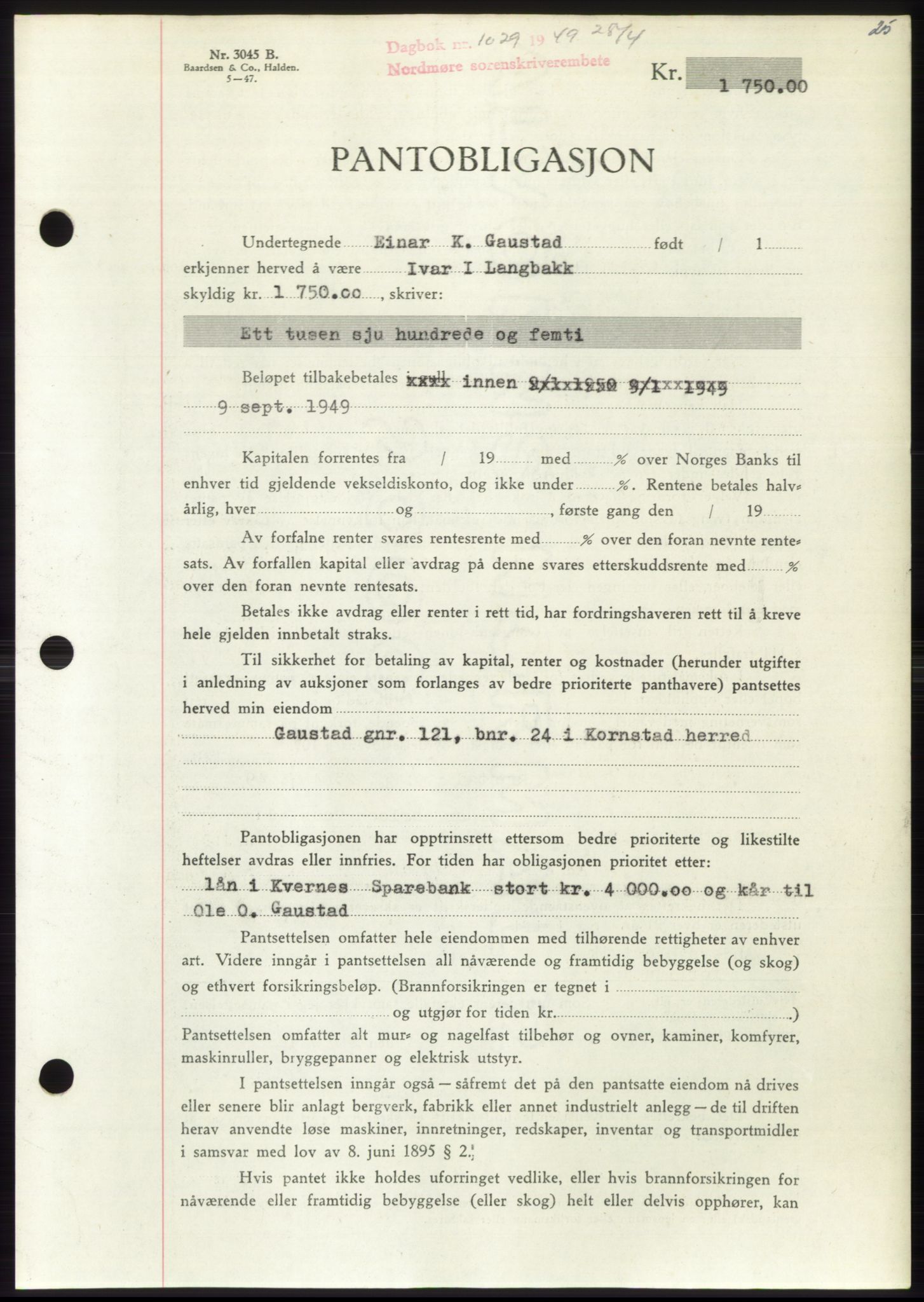 Nordmøre sorenskriveri, SAT/A-4132/1/2/2Ca: Pantebok nr. B101, 1949-1949, Dagboknr: 1029/1949