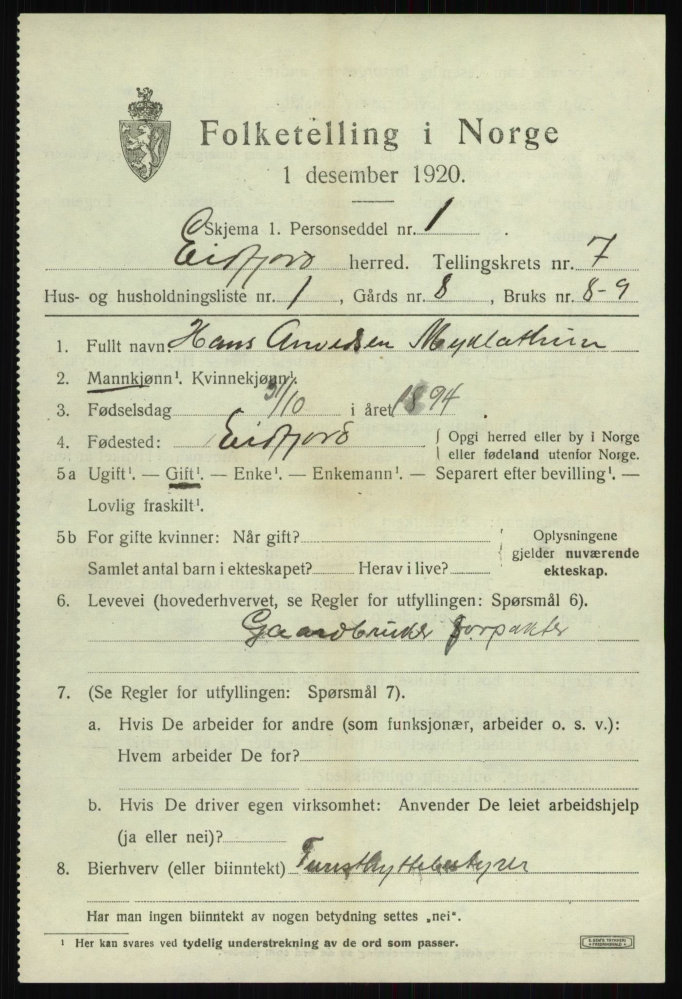 SAB, Folketelling 1920 for 1232 Eidfjord herred, 1920, s. 2294