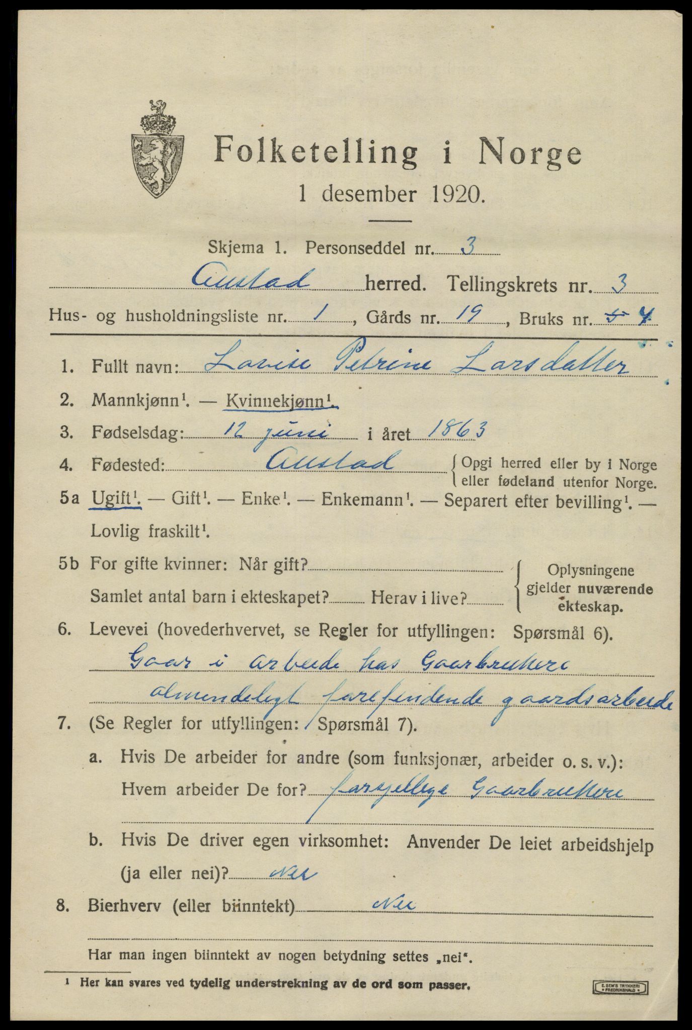 SAK, Folketelling 1920 for 1031 Austad herred, 1920, s. 1035