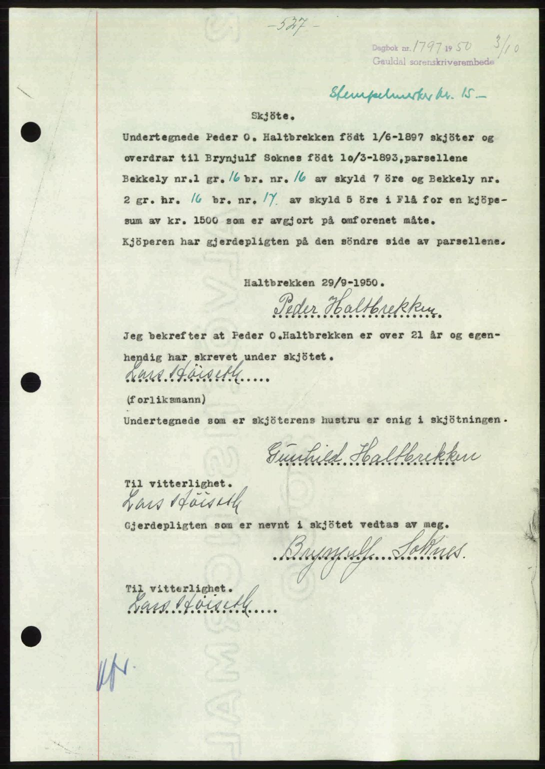 Gauldal sorenskriveri, SAT/A-0014/1/2/2C: Pantebok nr. A11, 1950-1950, Dagboknr: 1797/1950