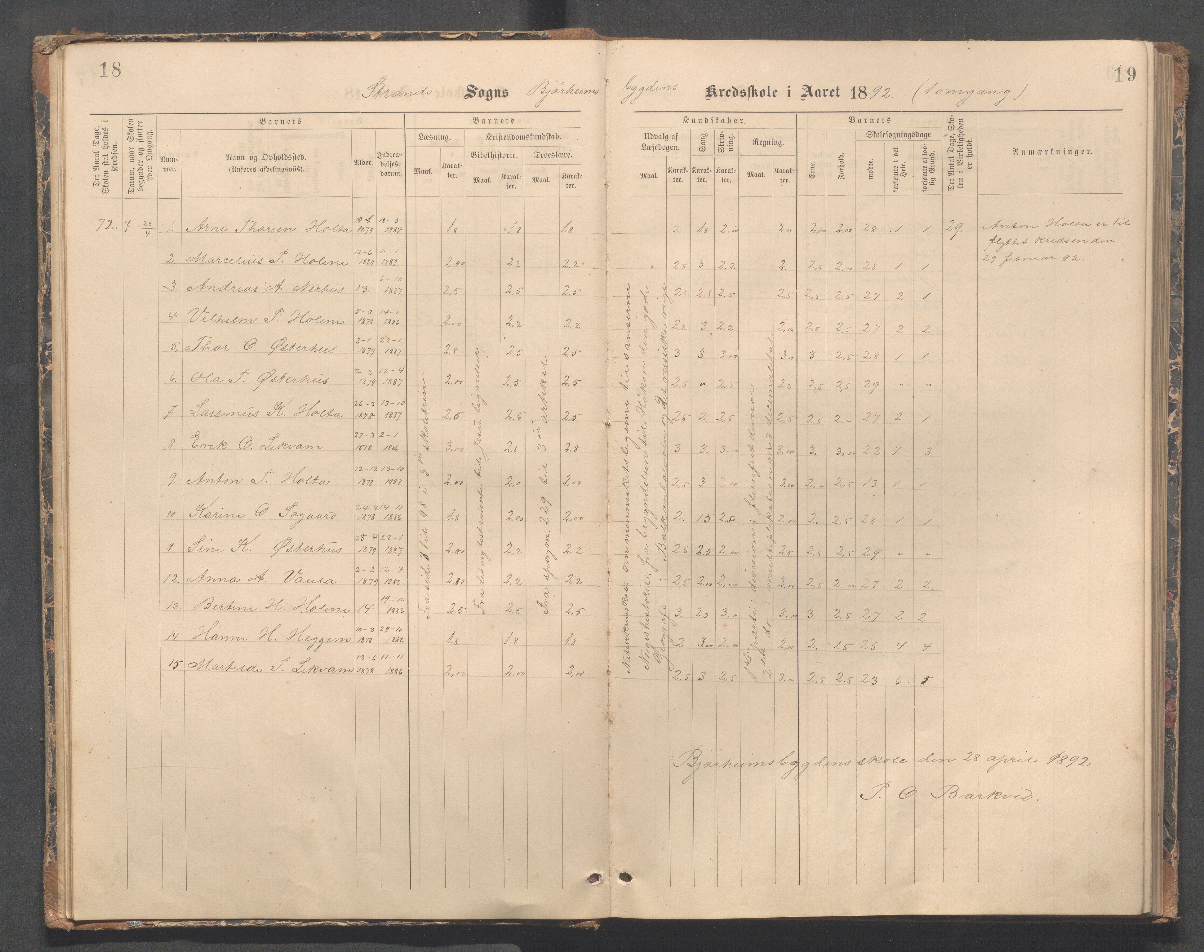 Strand kommune - Bjørheimsbygd skole, IKAR/A-147/H/L0002: Skoleprotokoll for Bjørheimsbygd og Lekvam krets, 1891-1907, s. 18-19