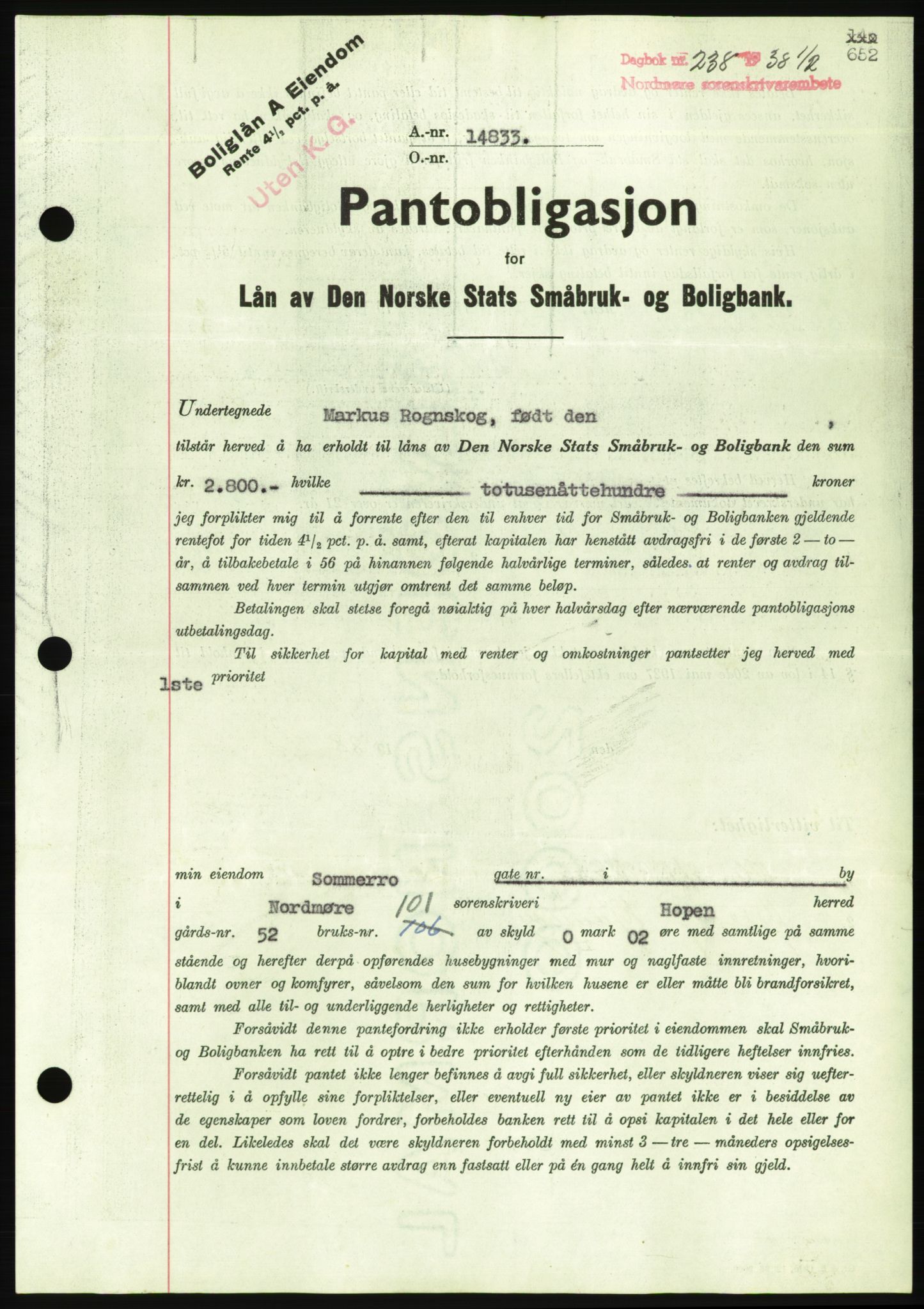 Nordmøre sorenskriveri, AV/SAT-A-4132/1/2/2Ca/L0092: Pantebok nr. B82, 1937-1938, Dagboknr: 238/1938