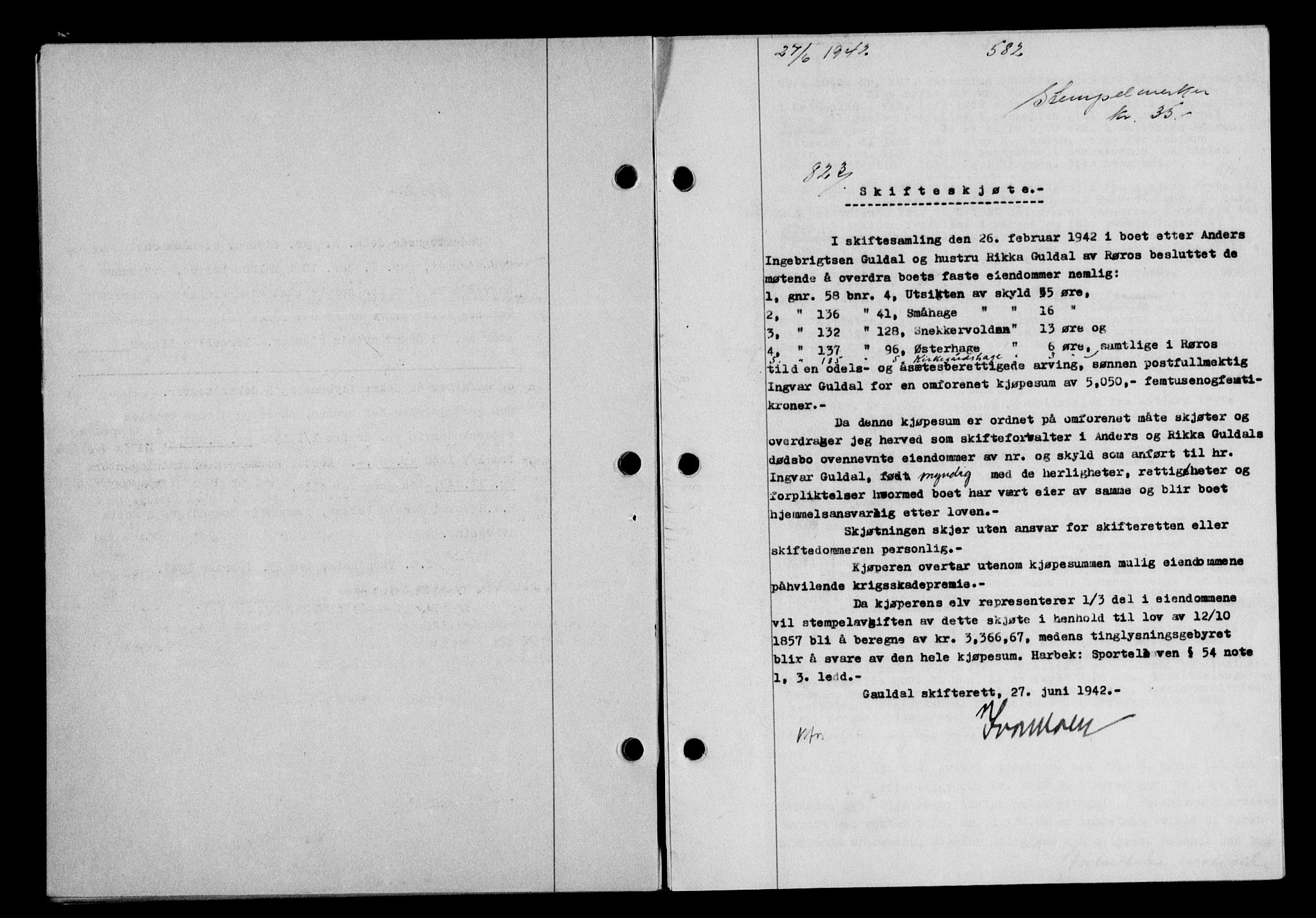 Gauldal sorenskriveri, SAT/A-0014/1/2/2C/L0054: Pantebok nr. 59, 1941-1942, Dagboknr: 823/1942