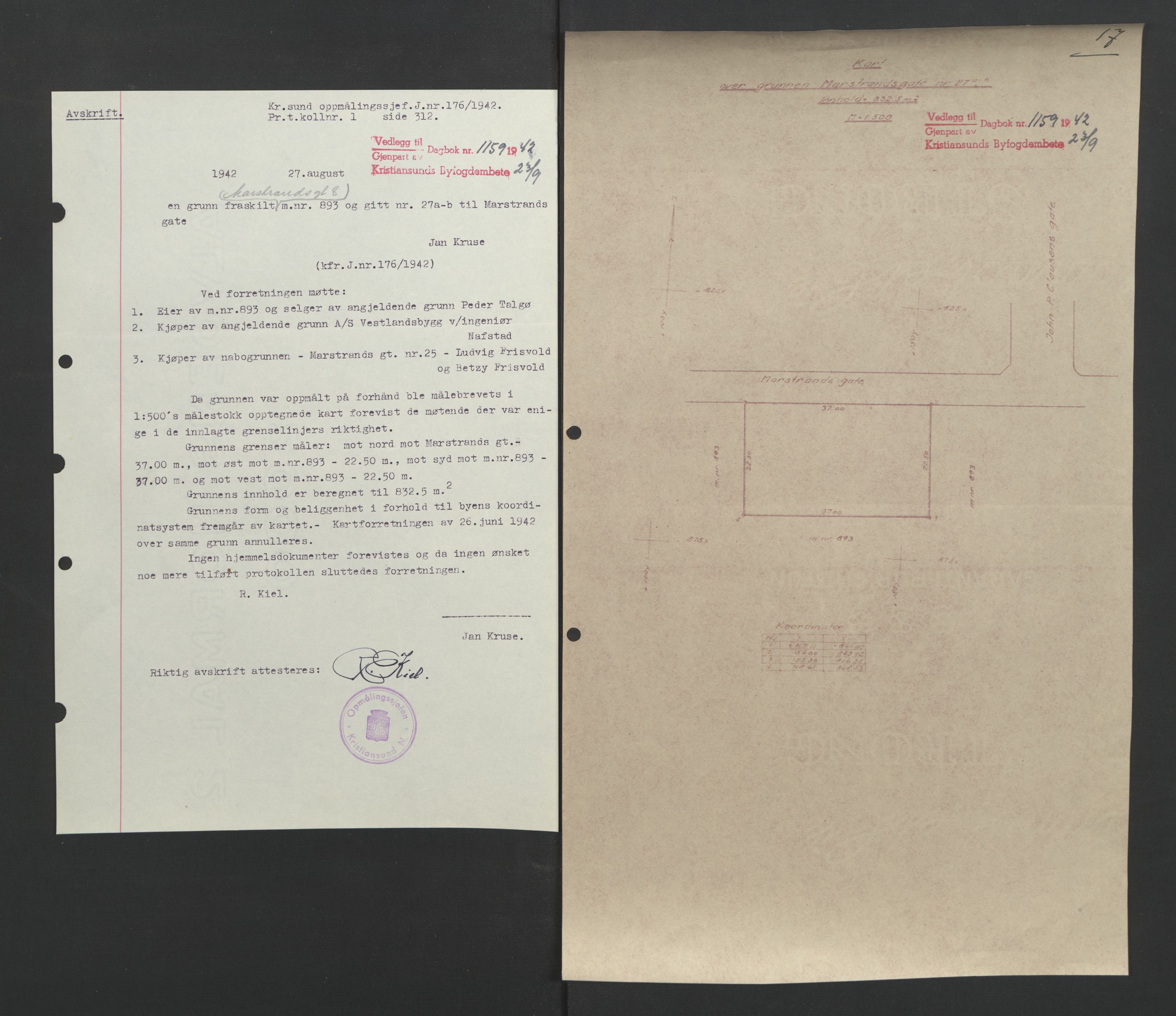 Kristiansund byfogd, AV/SAT-A-4587/A/27: Pantebok nr. 37, 1942-1945, Dagboknr: 1159/1942