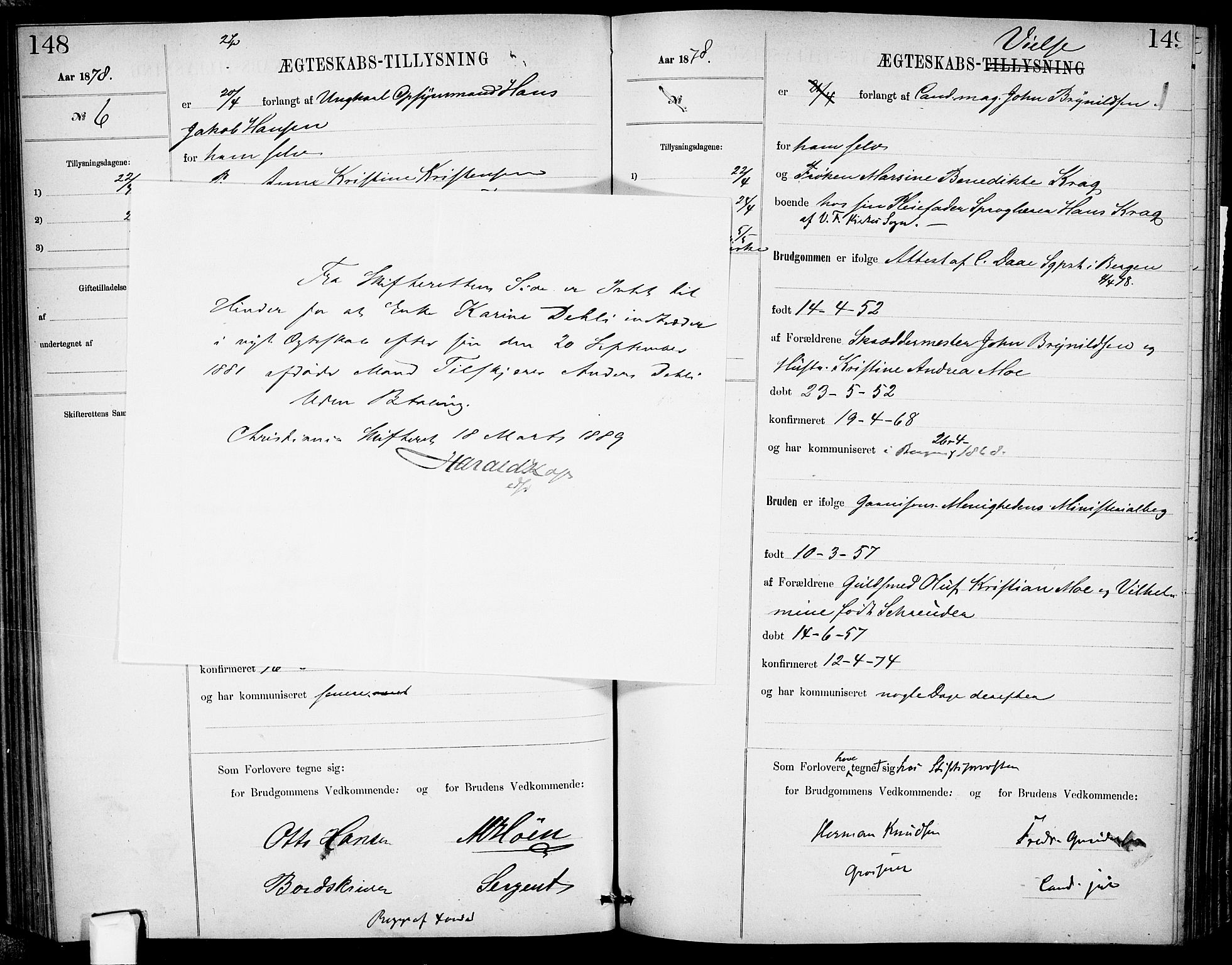 Garnisonsmenigheten Kirkebøker, AV/SAO-A-10846/H/Ha/L0007: Lysningsprotokoll nr. I 7, 1872-1893, s. 148-149