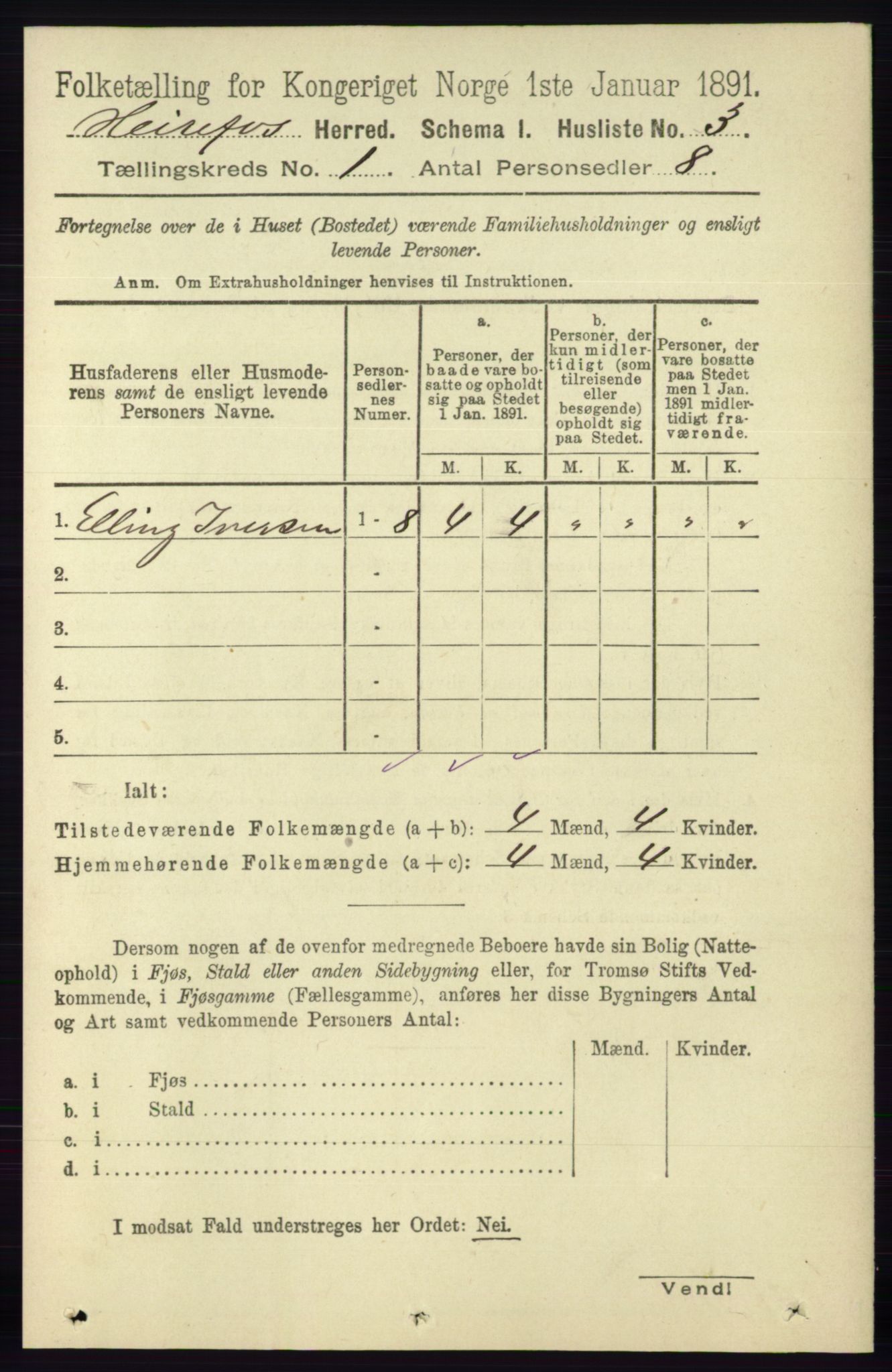 RA, Folketelling 1891 for 0933 Herefoss herred, 1891, s. 15