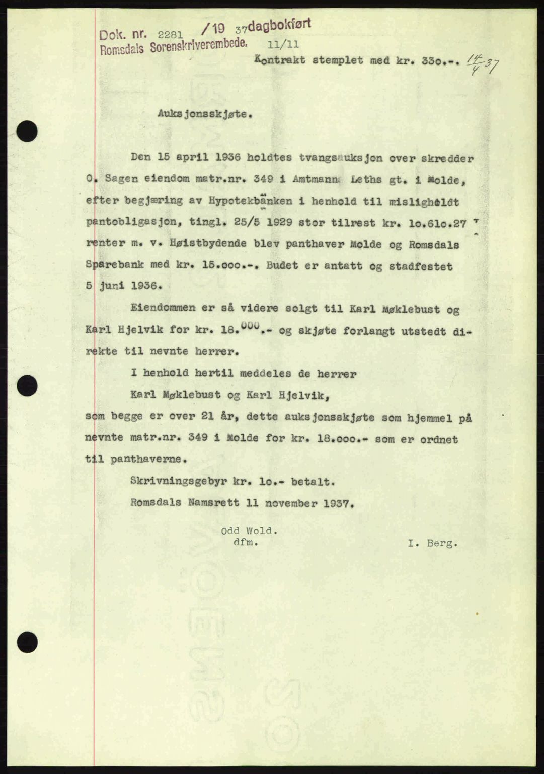 Romsdal sorenskriveri, SAT/A-4149/1/2/2C: Pantebok nr. A4, 1937-1938, Dagboknr: 2281/1937