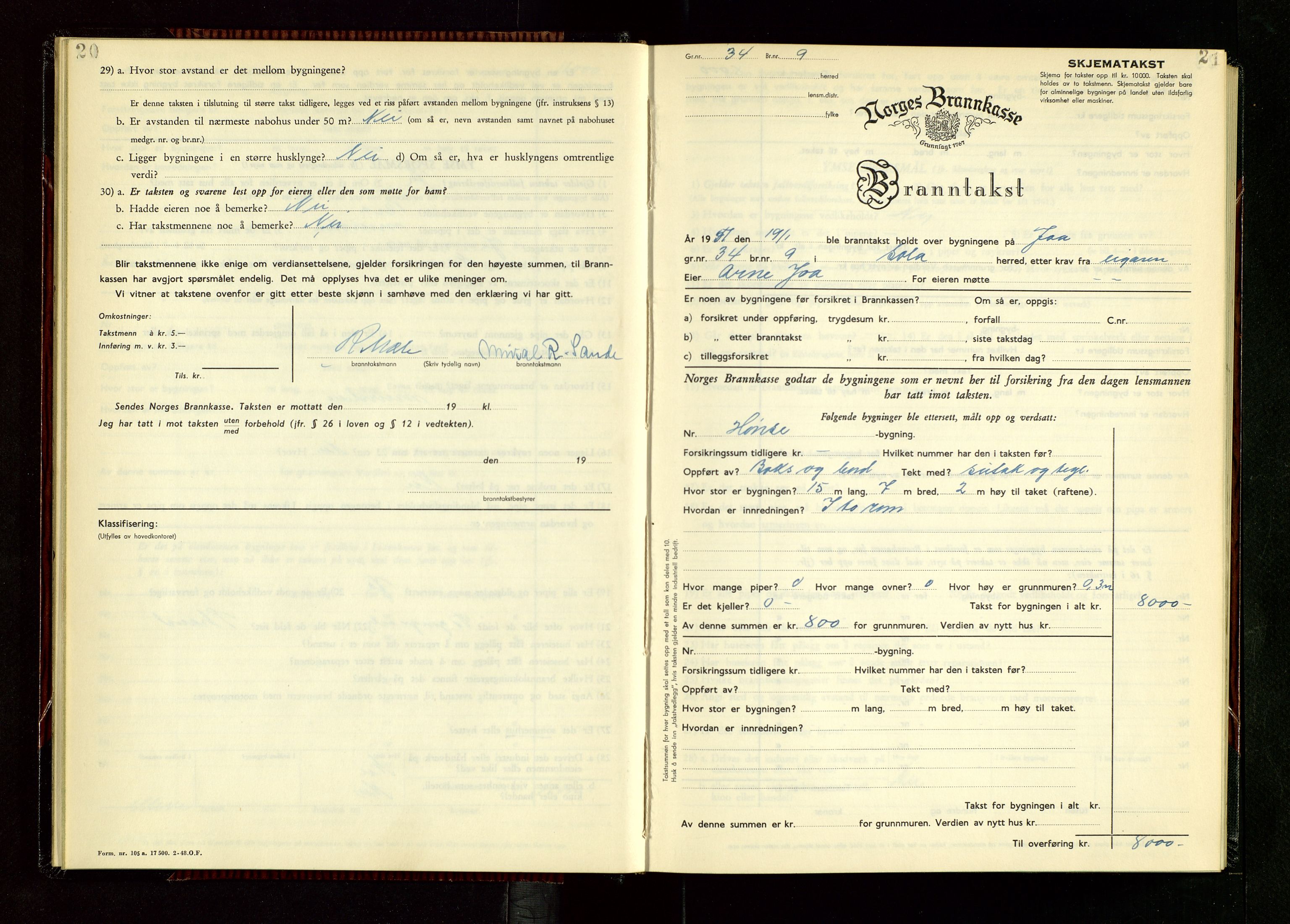 Håland lensmannskontor, AV/SAST-A-100100/Gob/L0014: "Branntakstprotokoll" - skjematakst, 1951-1955, s. 20-21