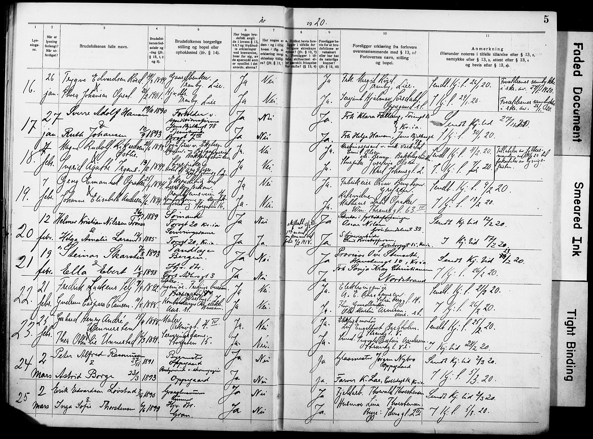 Oslo domkirke Kirkebøker, AV/SAO-A-10752/H/Ha/L0006: Lysningsprotokoll nr. 6, 1919-1928, s. 5